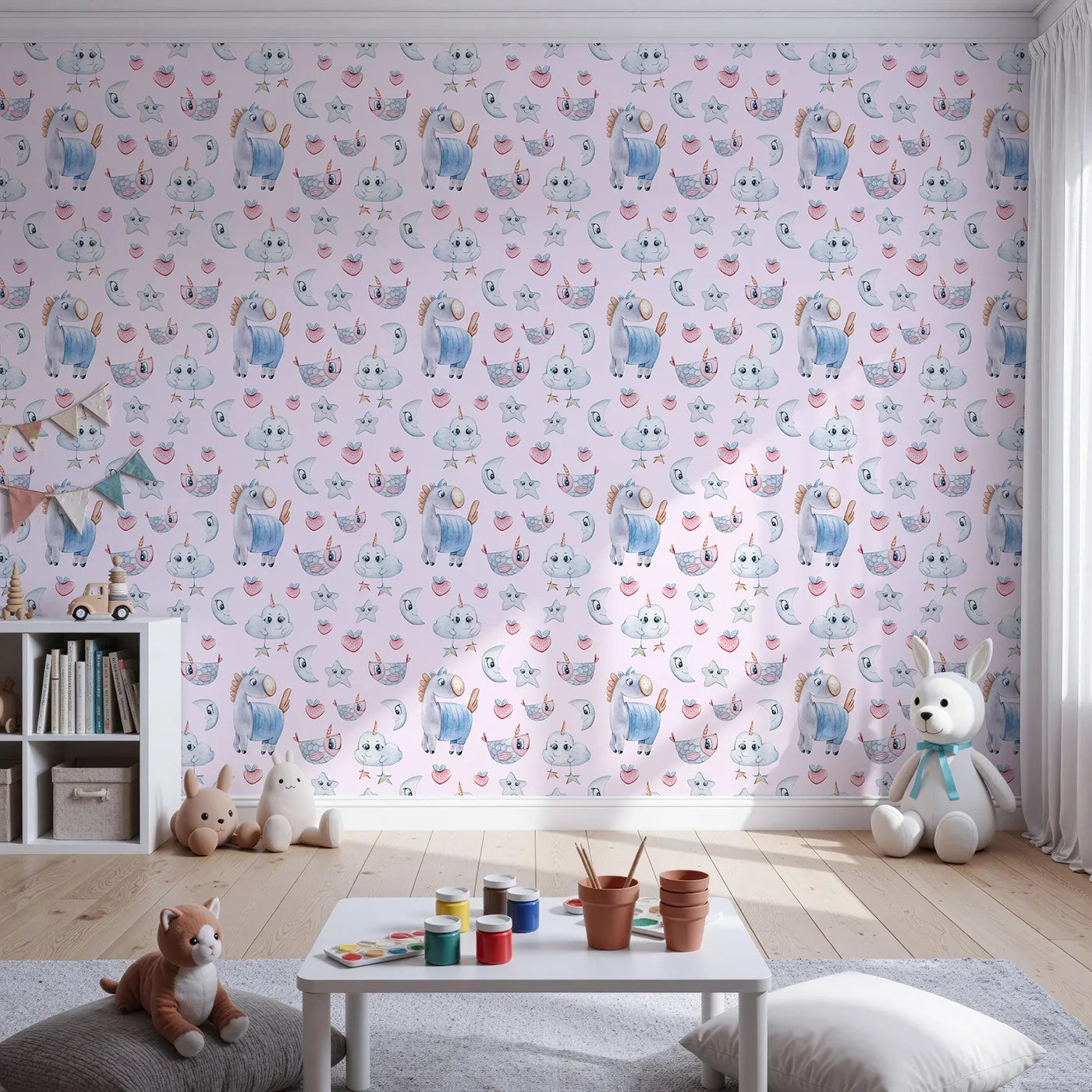 Front view of Whimsy Tots' Starlight Narwhal Parade Wallpaper in Pink