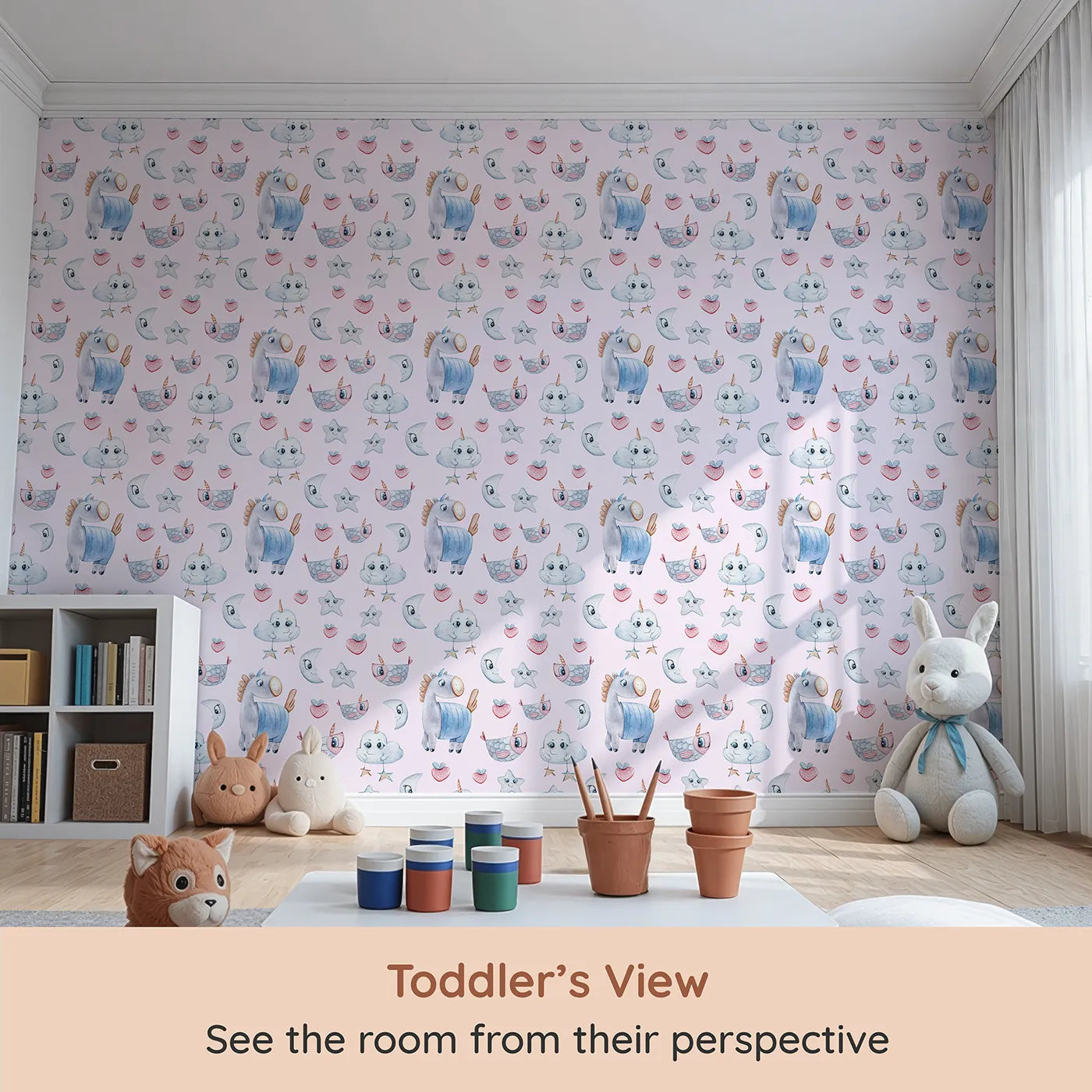 Whimsy Tots Starlight Narwhal Parade Wallpaper in Pink (W3321B) from your child's view.Narwhals, moons, and heart-shaped fruit play across a dreamy pink sky.