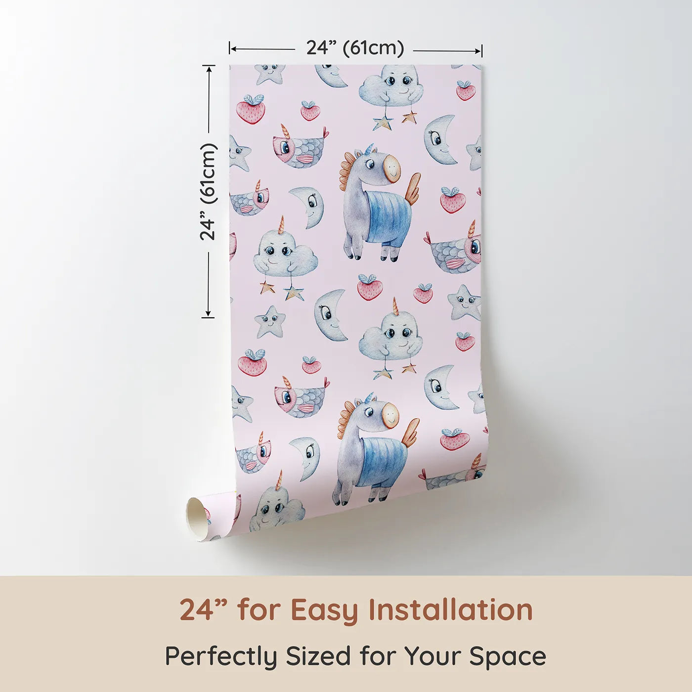 Dimension view of Whimsy Tots Starlight Narwhal Parade Wallpaper in Pink (W3321B). Printed in 24-inch-wide panel for easy installation. Narwhals, moons, and heart-shaped fruit play across a dreamy pink sky.