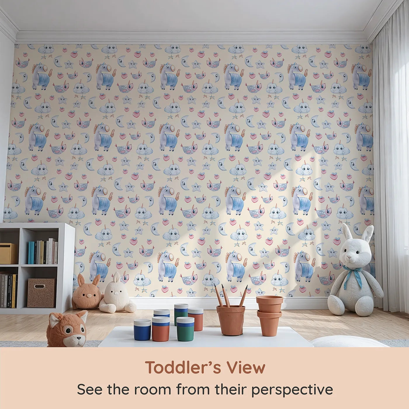 Whimsy Tots Starlight Narwhal Parade Wallpaper in Beige (W3321C) from your child's view.Narwhals, stars, and soft moons drift through a warm beige wonderland.