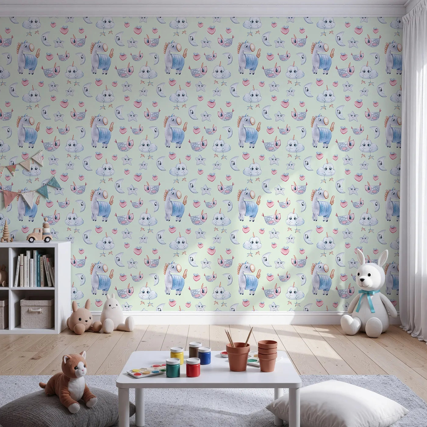 Front view of Whimsy Tots' Starlight Narwhal Parade Wallpaper in Mint Green