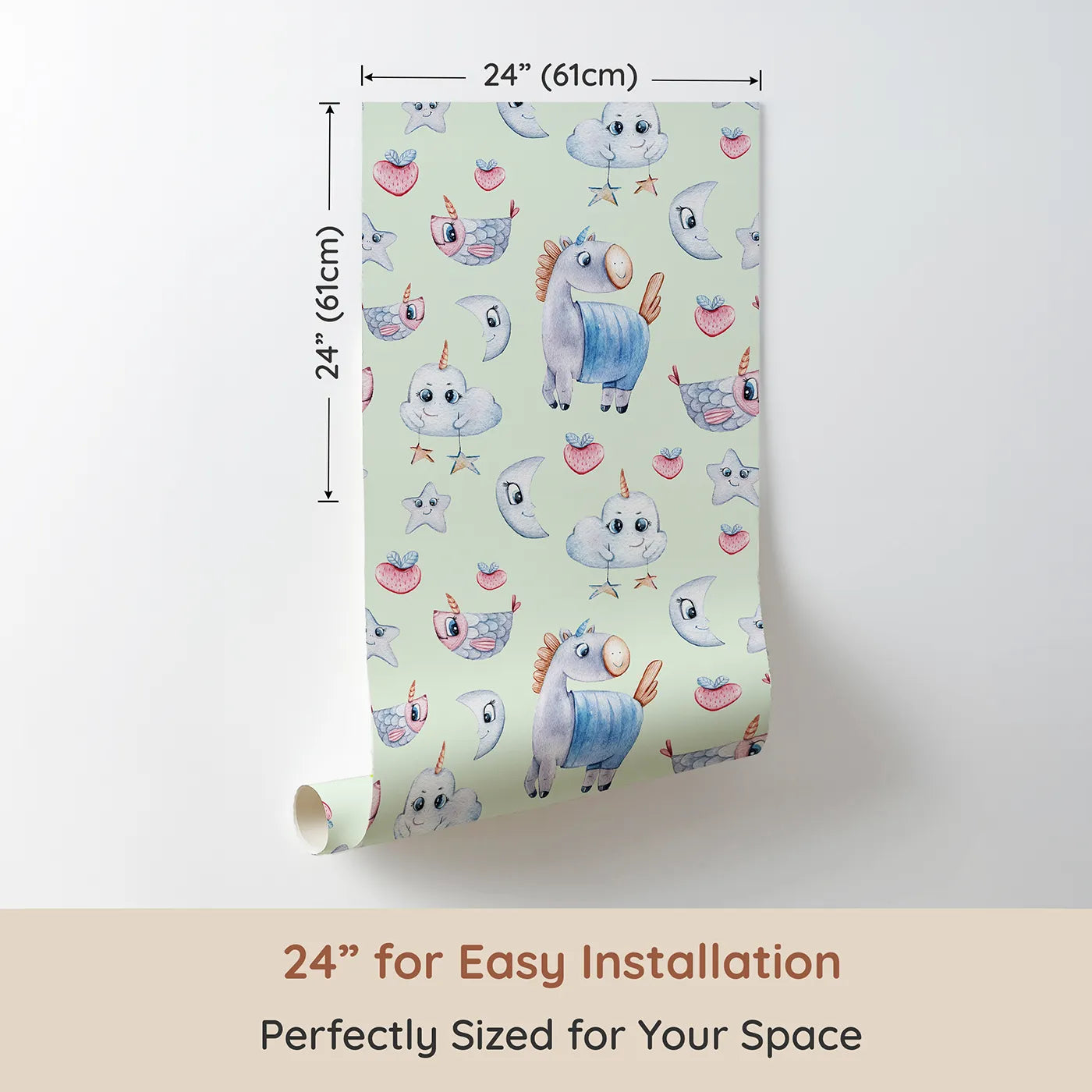 Dimension view of Whimsy Tots Starlight Narwhal Parade Wallpaper in Mint Green (W3321D). Printed in 24-inch-wide panel for easy installation. Narwhals and smiling stars float playfully through a minty green sky.