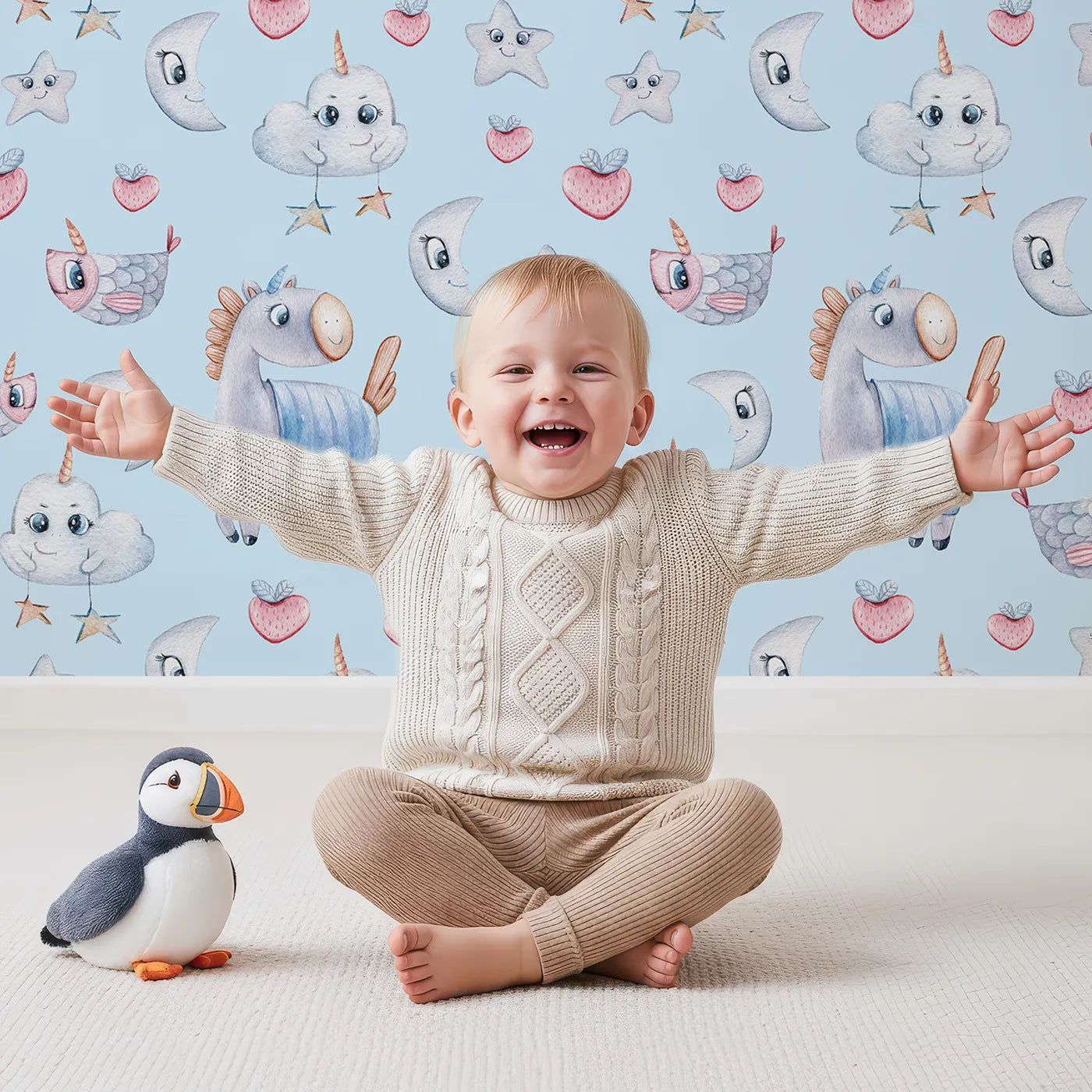 Lovely child standing in front of Whimsy Tots Starlight Narwhal Parade Wallpaper in Blue with narwhal, unicorn, moon, star, cloud, heart, fruit in design.