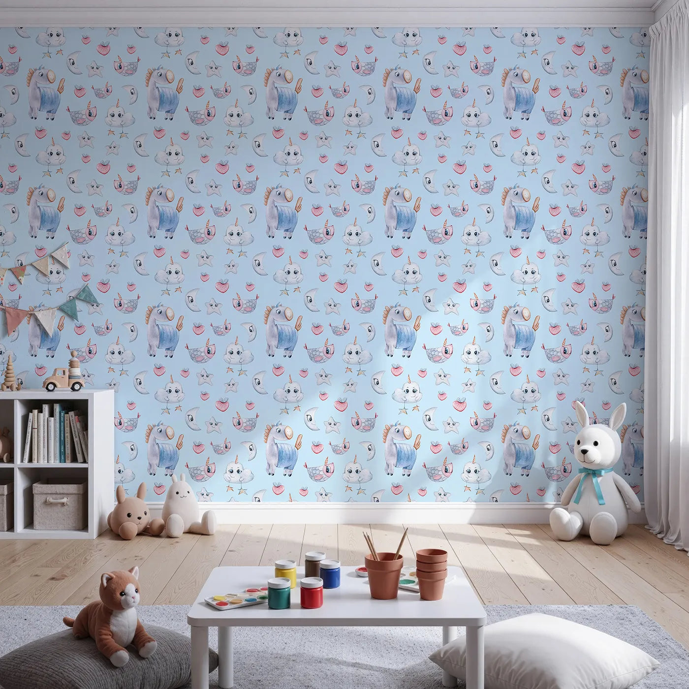 Front view of Whimsy Tots' Starlight Narwhal Parade Wallpaper in Blue