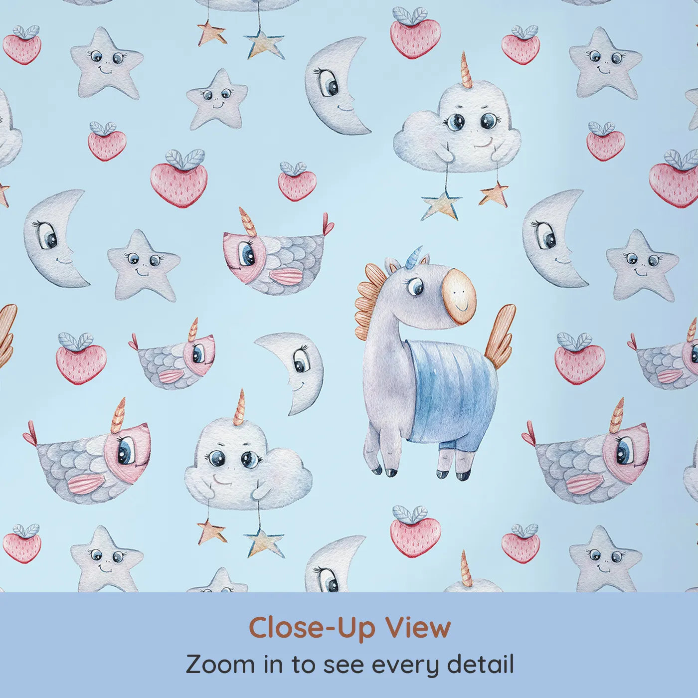 Close-up view of Whimsy Tots' Starlight Narwhal Parade Wallpaper in Blue (W3321E).Unicorn narwhals, starry clouds, and pastel fruits float across dreamy blue skies.