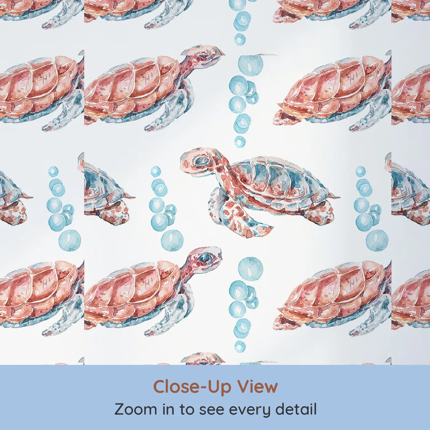Close-up view of Whimsy Tots' Gentle Ocean Turtles Wallpaper in White (W3322A).Graceful turtles drift through bubbles in a soft underwater world.