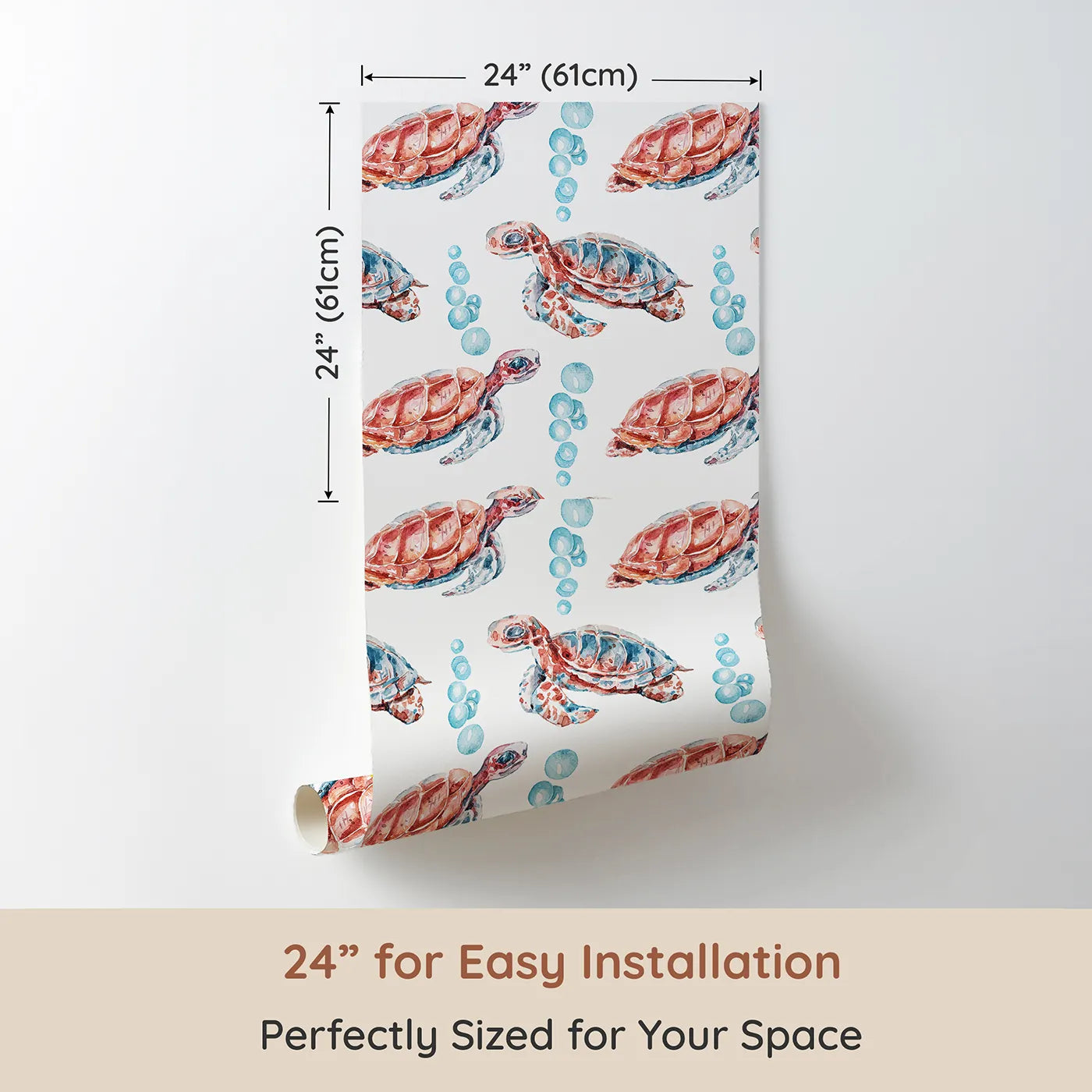 Dimension view of Whimsy Tots Gentle Ocean Turtles Wallpaper in White (W3322A). Printed in 24-inch-wide panel for easy installation. Graceful turtles drift through bubbles in a soft underwater world.