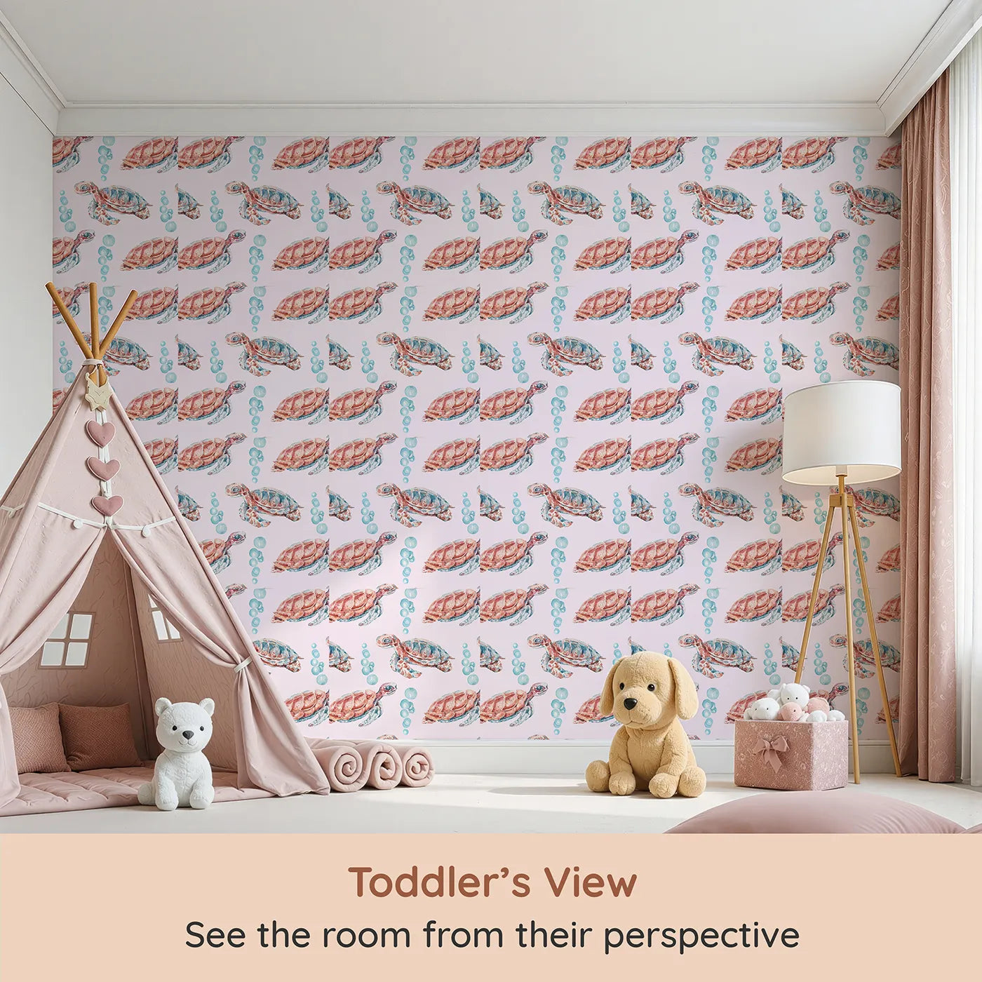 Whimsy Tots Gentle Ocean Turtles Wallpaper in Pink (W3322B) from your child's view.Sweet sea turtles float through soft pink waters and drifting bubbles.