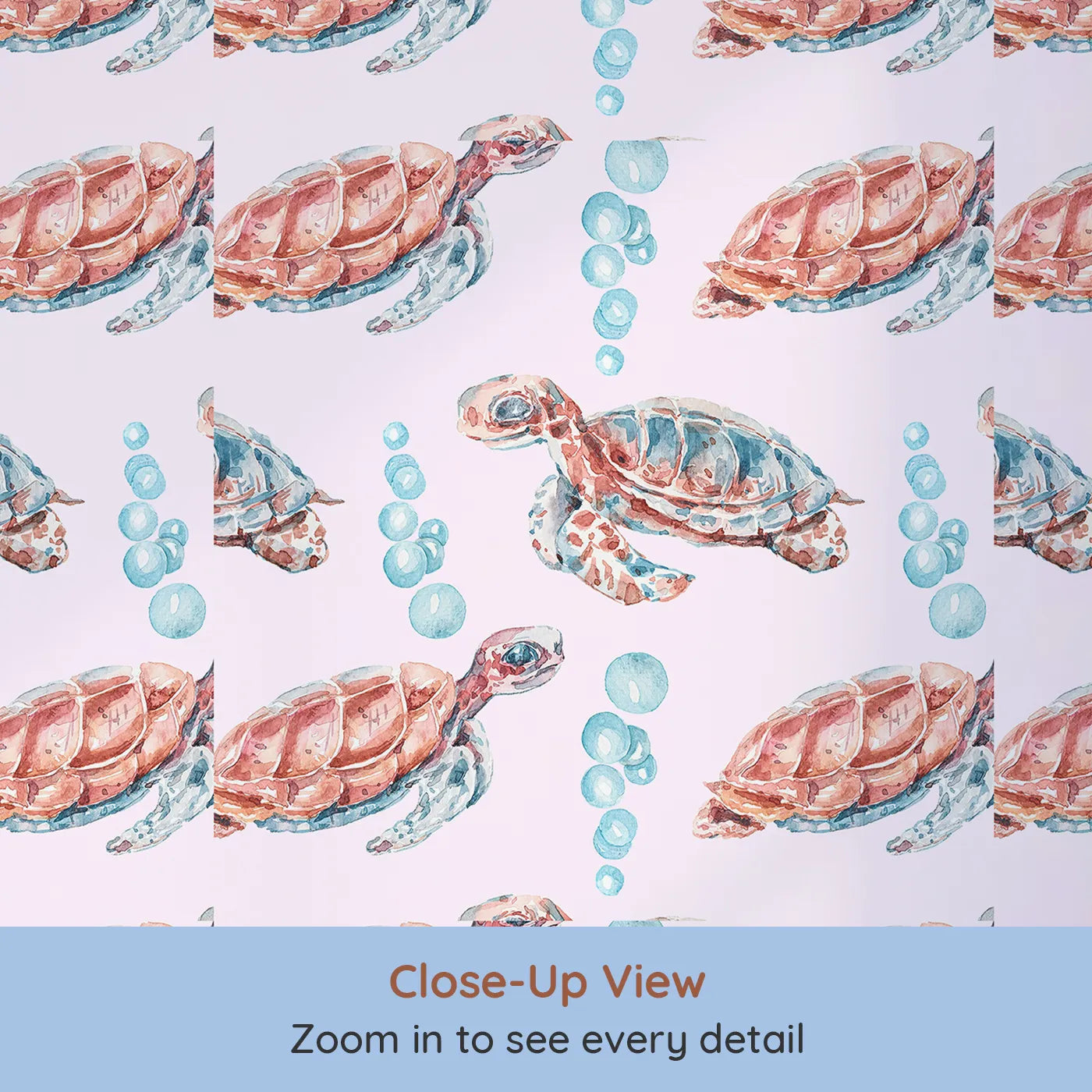 Close-up view of Whimsy Tots' Gentle Ocean Turtles Wallpaper in Pink (W3322B).Sweet sea turtles float through soft pink waters and drifting bubbles.