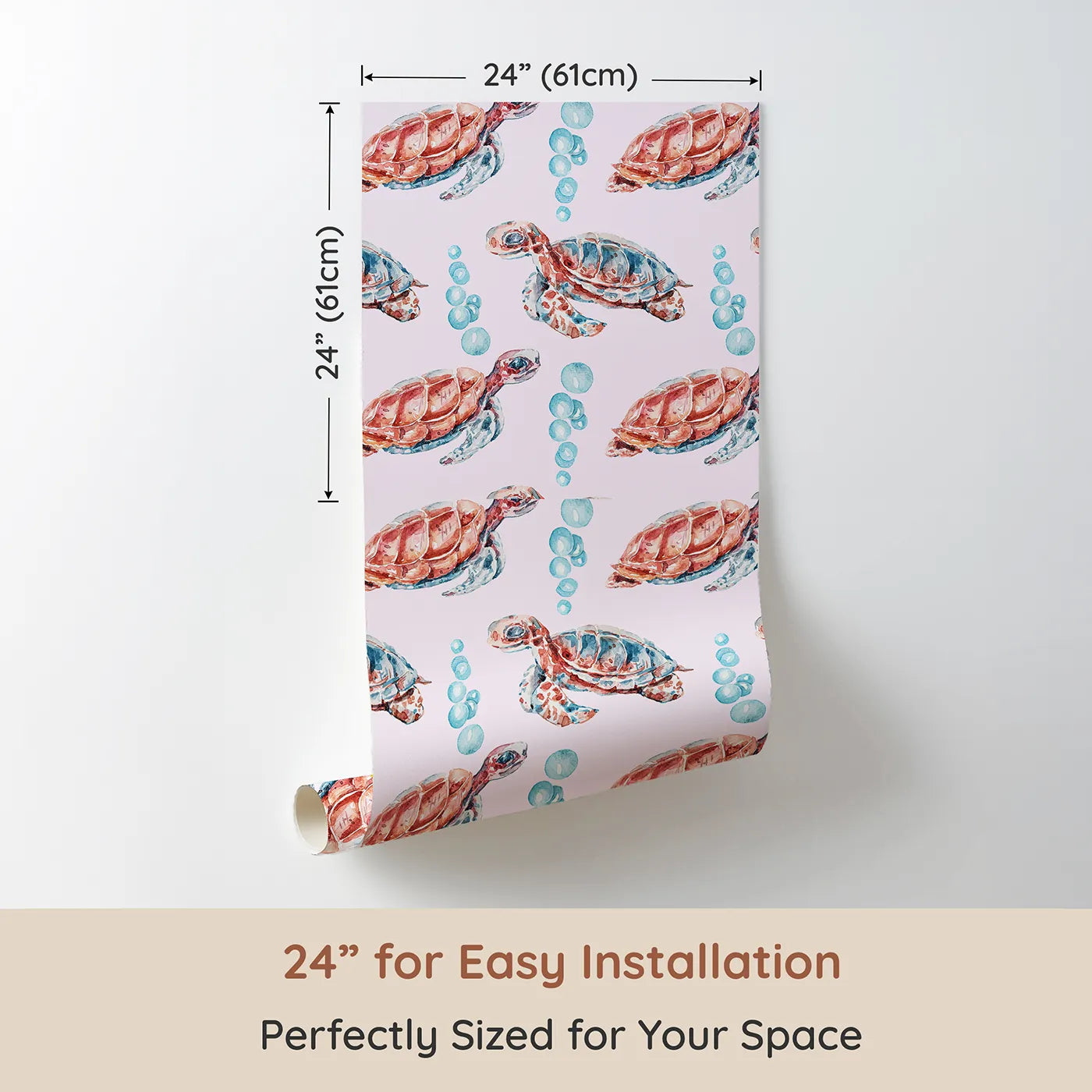 Dimension view of Whimsy Tots Gentle Ocean Turtles Wallpaper in Pink (W3322B). Printed in 24-inch-wide panel for easy installation. Sweet sea turtles float through soft pink waters and drifting bubbles.