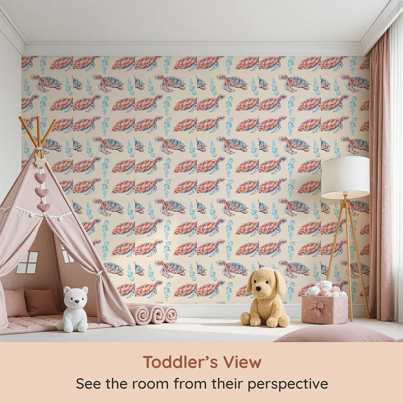 Whimsy Tots Gentle Ocean Turtles Wallpaper in Beige (W3322C) from your child's view.Peaceful turtles drift gently through bubbles and beige-toned seas.