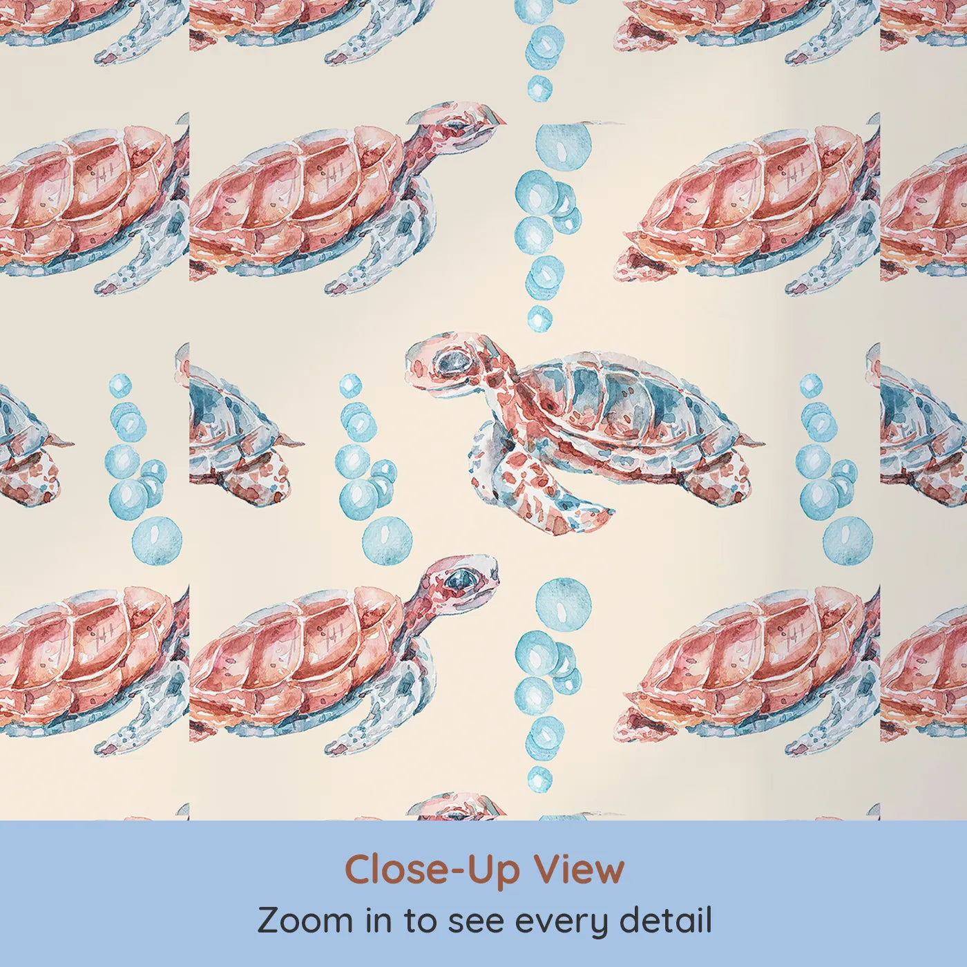 Close-up view of Whimsy Tots' Gentle Ocean Turtles Wallpaper in Beige (W3322C).Peaceful turtles drift gently through bubbles and beige-toned seas.