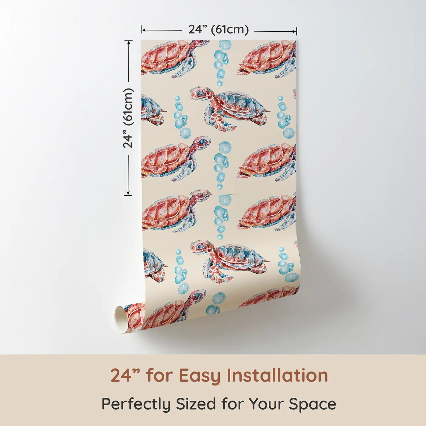 Dimension view of Whimsy Tots Gentle Ocean Turtles Wallpaper in Beige (W3322C). Printed in 24-inch-wide panel for easy installation. Peaceful turtles drift gently through bubbles and beige-toned seas.