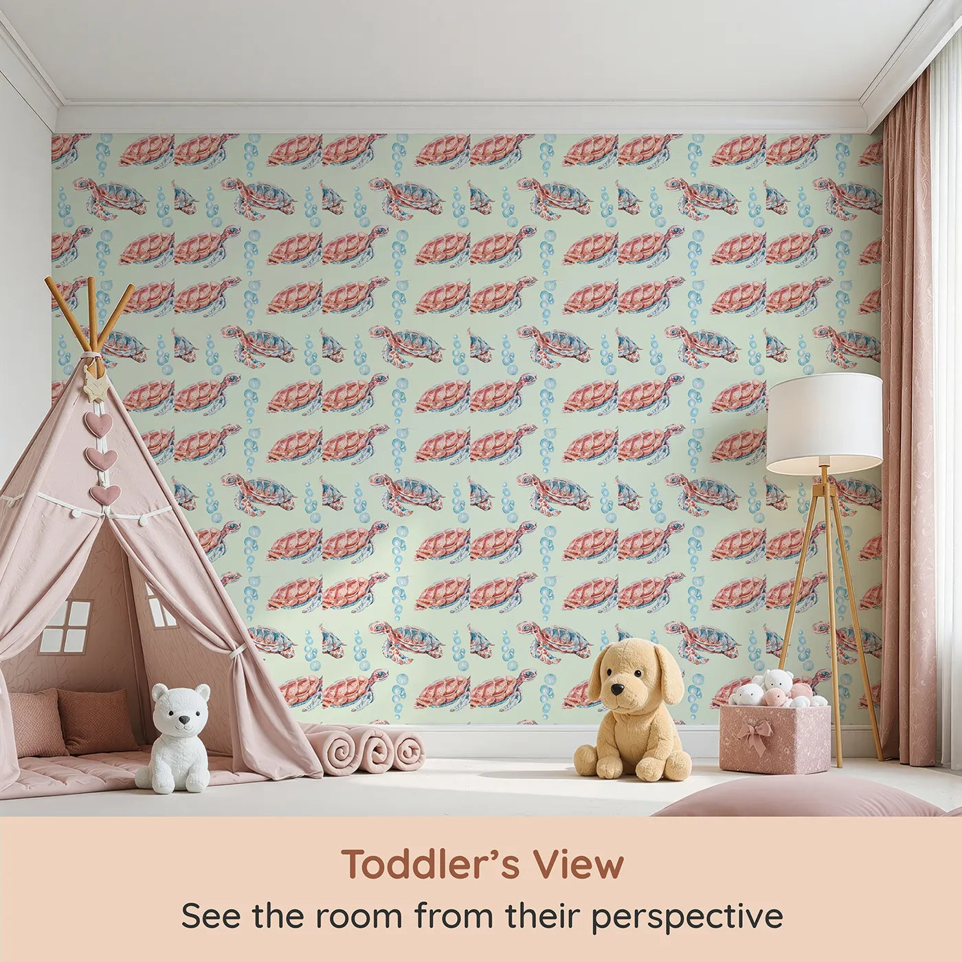 Whimsy Tots Gentle Ocean Turtles Wallpaper in Green (W3322D) from your child's view.Gentle turtles drift through green-tinted waters and soft blue bubbles.