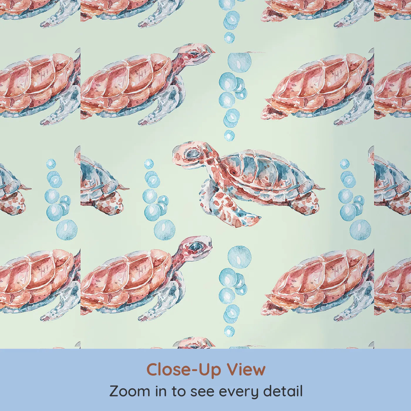 Close-up view of Whimsy Tots' Gentle Ocean Turtles Wallpaper in Green (W3322D).Gentle turtles drift through green-tinted waters and soft blue bubbles.