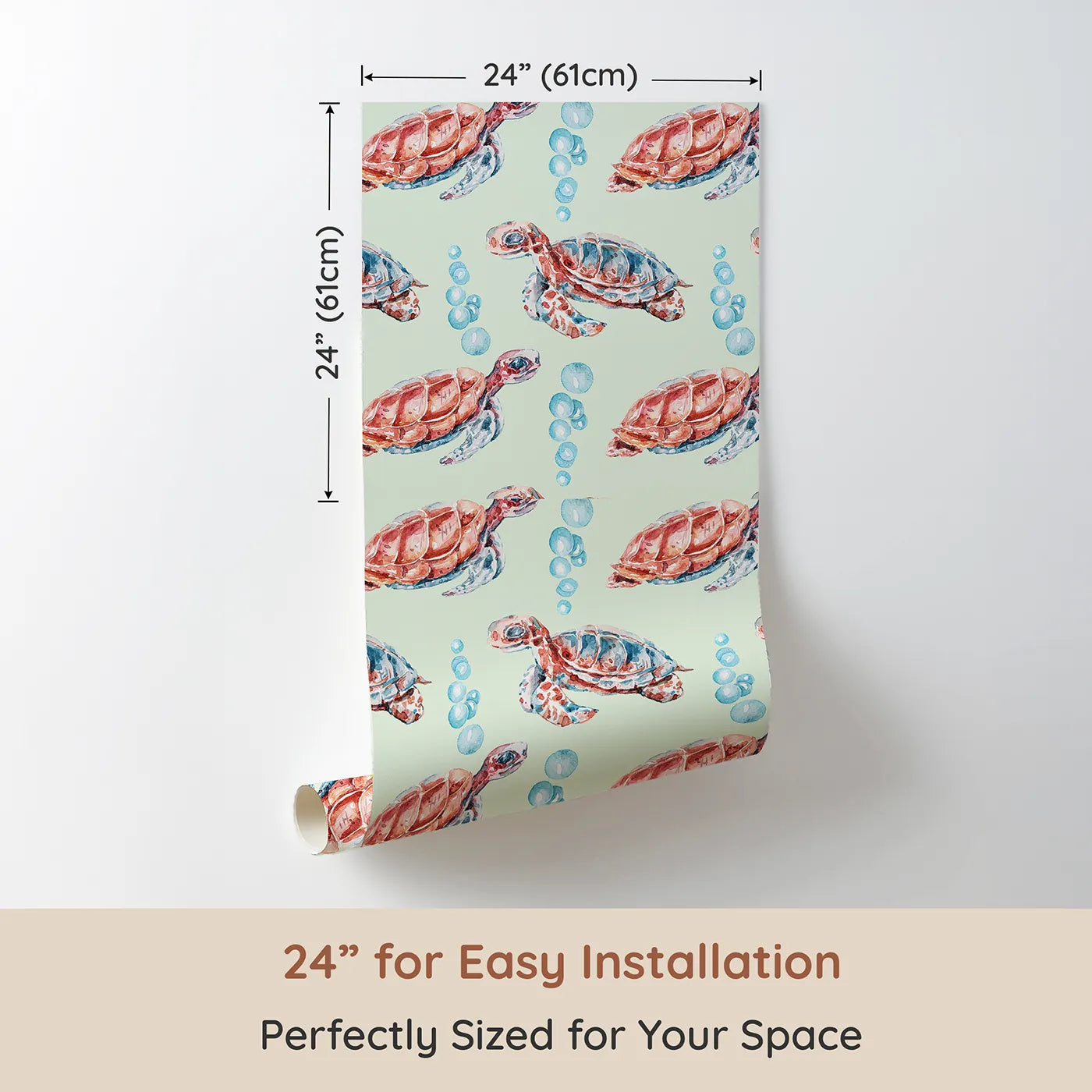 Dimension view of Whimsy Tots Gentle Ocean Turtles Wallpaper in Green (W3322D). Printed in 24-inch-wide panel for easy installation. Gentle turtles drift through green-tinted waters and soft blue bubbles.