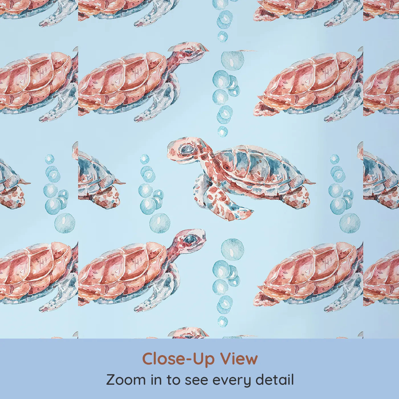Close-up view of Whimsy Tots' Gentle Ocean Turtles Wallpaper in Blue (W3322E).Peaceful turtles float through soft bubbles in an ocean-blue world.