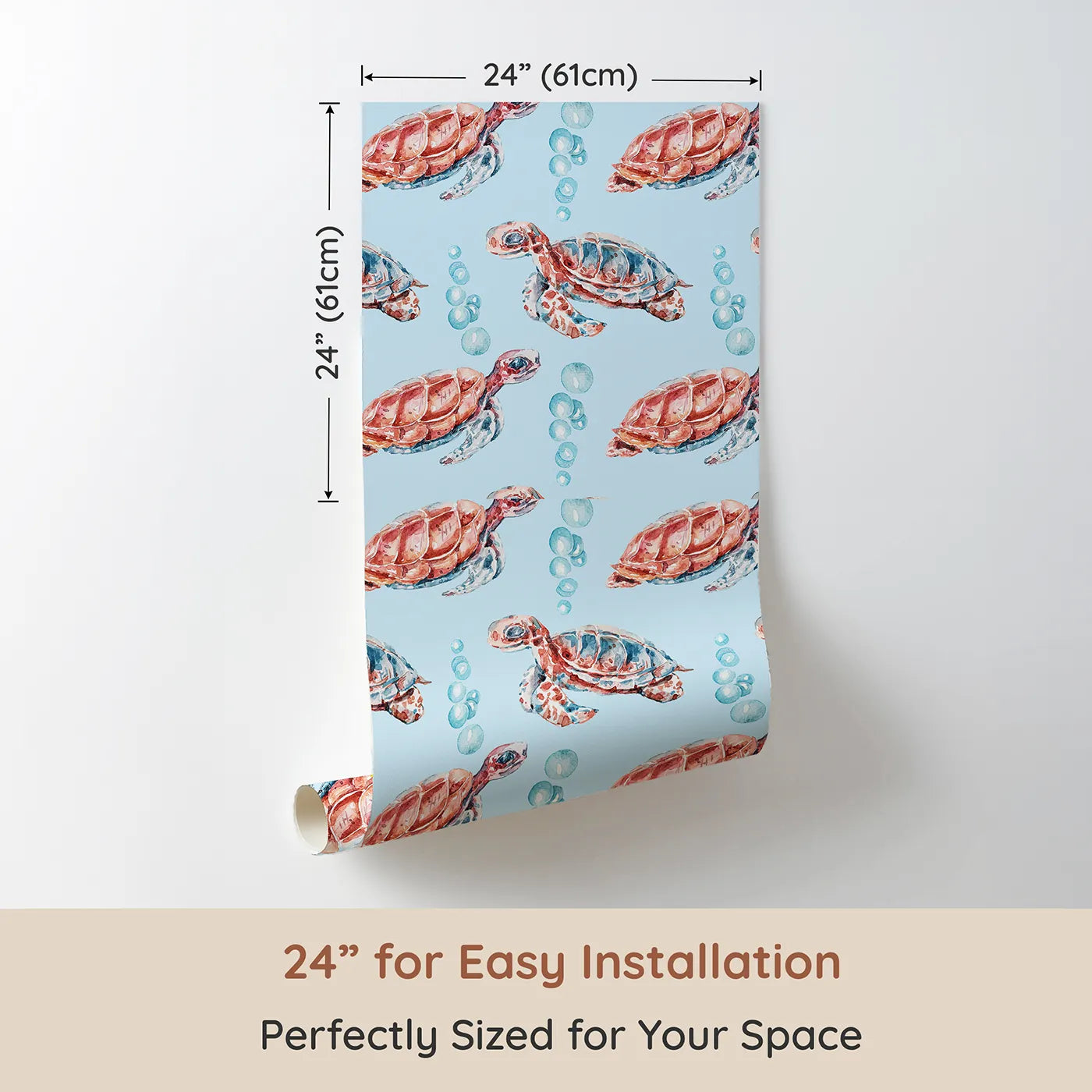 Dimension view of Whimsy Tots Gentle Ocean Turtles Wallpaper in Blue (W3322E). Printed in 24-inch-wide panel for easy installation. Peaceful turtles float through soft bubbles in an ocean-blue world.