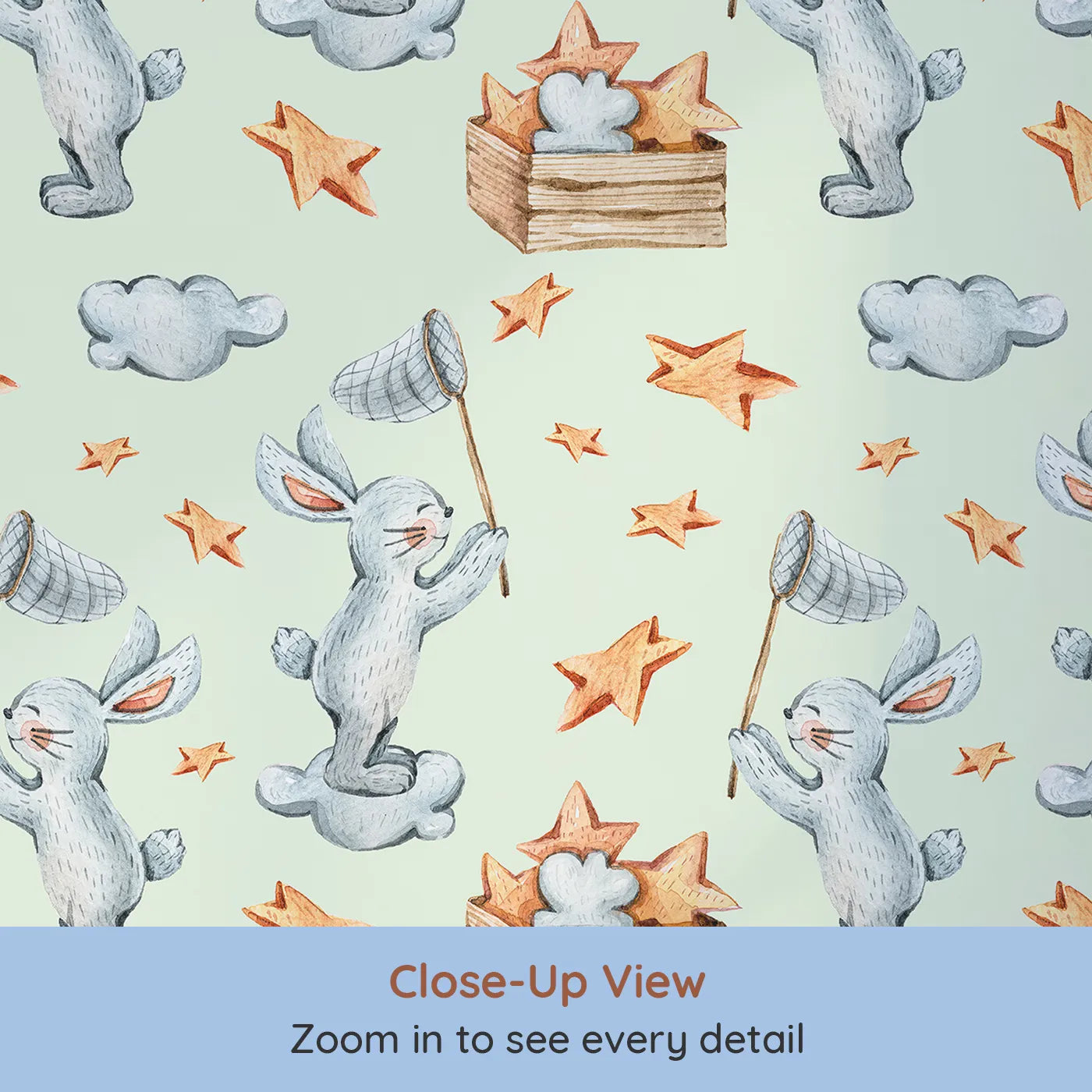 Close-up view of Whimsy Tots' Star Catcher Bunnies Wallpaper in Green (W3323D).Playful bunnies catch stars in a dreamy green sky filled with wonder.