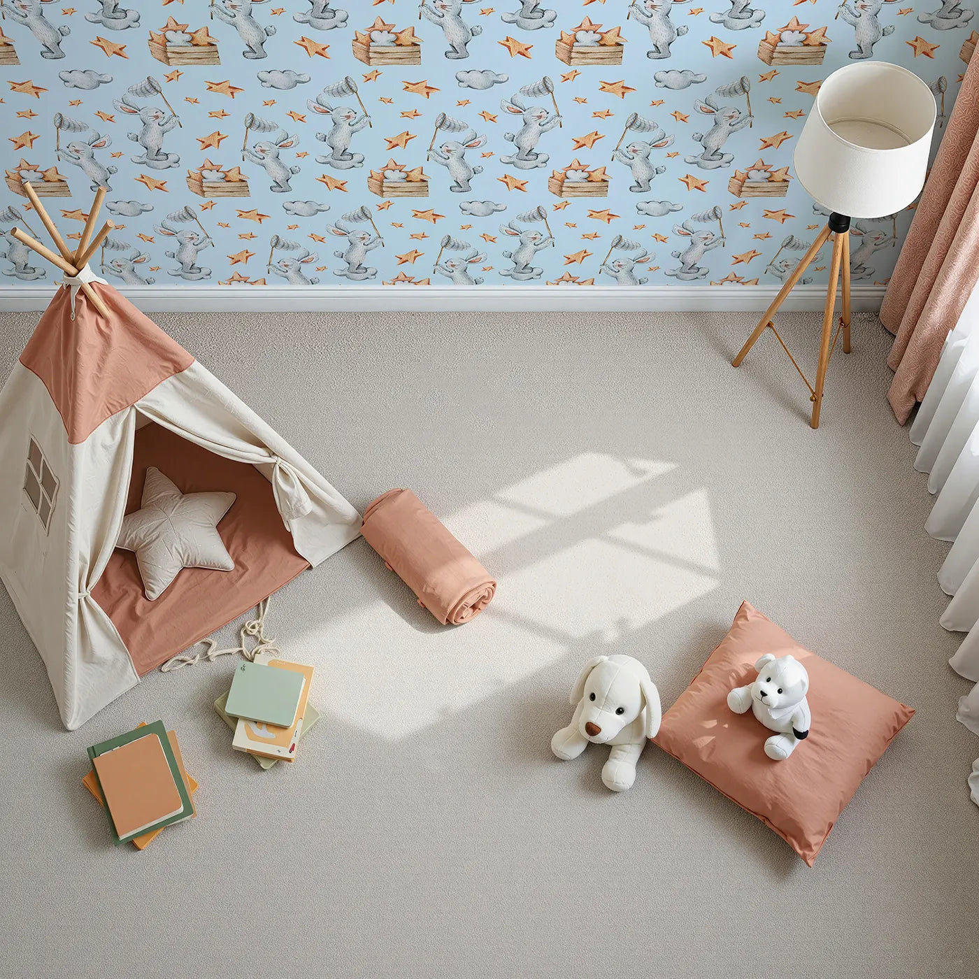 Top-Down view of Whimsy Tots' Star Catcher Bunnies Wallpaper in Blue (W3323E).Happy bunnies hop through blue skies catching stars on clouds.