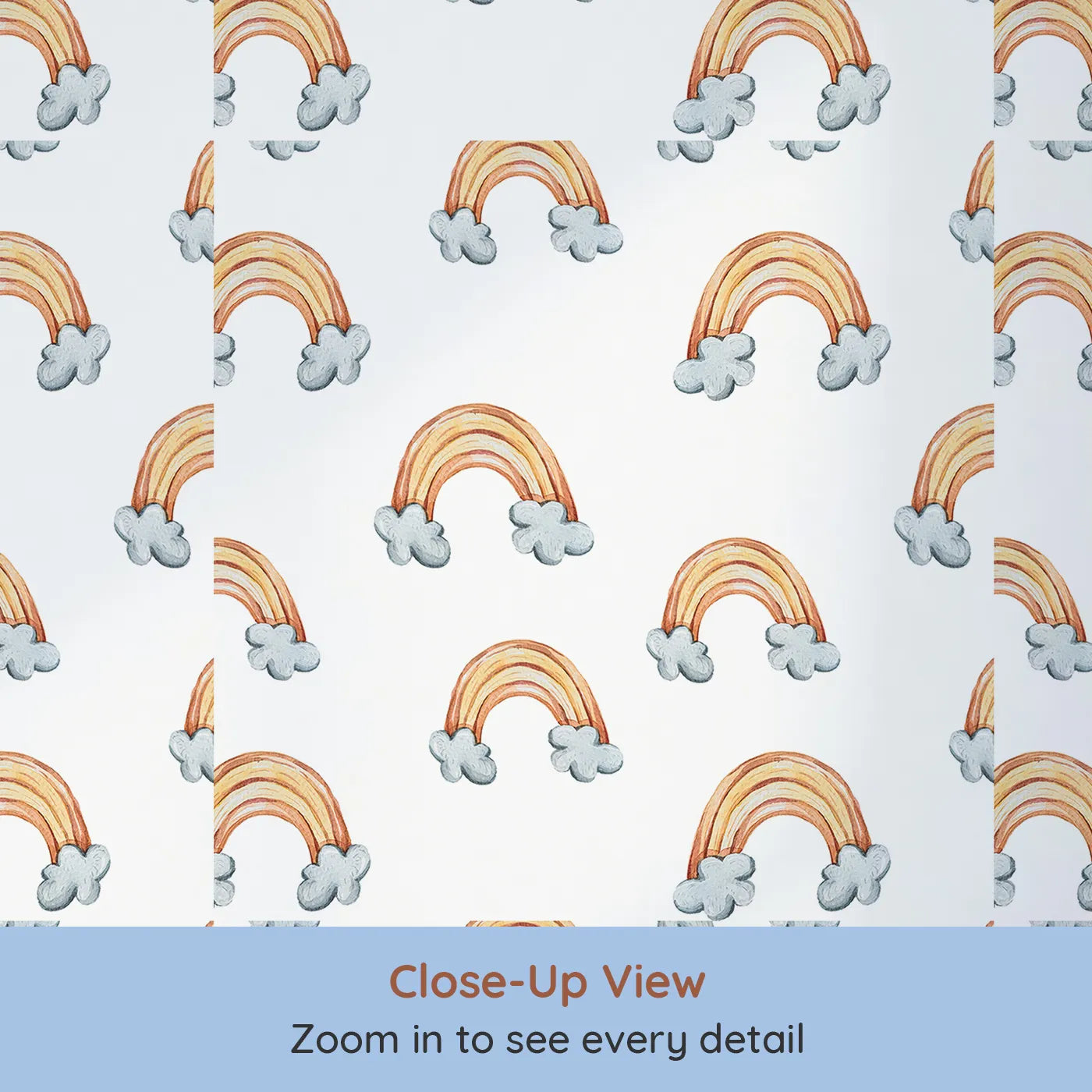 Close-up view of Whimsy Tots' Sunset Rainbows Wallpaper in White (W3324A).Watercolor rainbows arch gently across a sky of soft white.