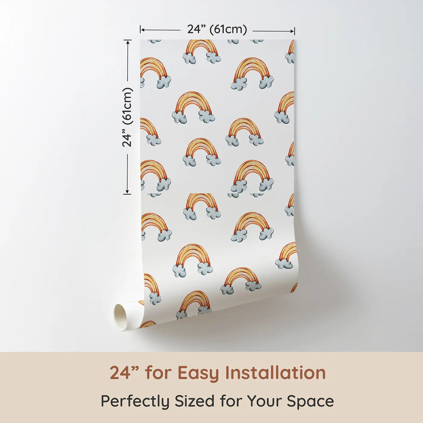 Dimension view of Whimsy Tots Sunset Rainbows Wallpaper in White (W3324A). Printed in 24-inch-wide panel for easy installation. Watercolor rainbows arch gently across a sky of soft white.