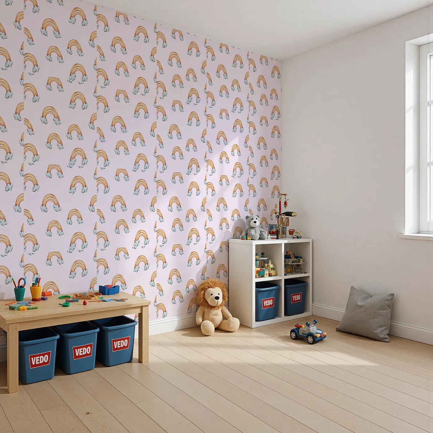 Angled view of Whimsy Tots' Sunset Rainbows Wallpaper in Pink (W3324B).Warm-toned rainbows float softly across a light pink sky.