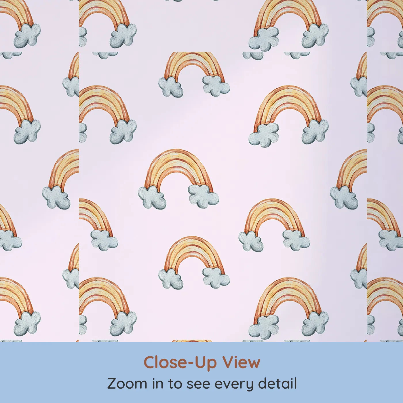 Close-up view of Whimsy Tots' Sunset Rainbows Wallpaper in Pink (W3324B).Warm-toned rainbows float softly across a light pink sky.