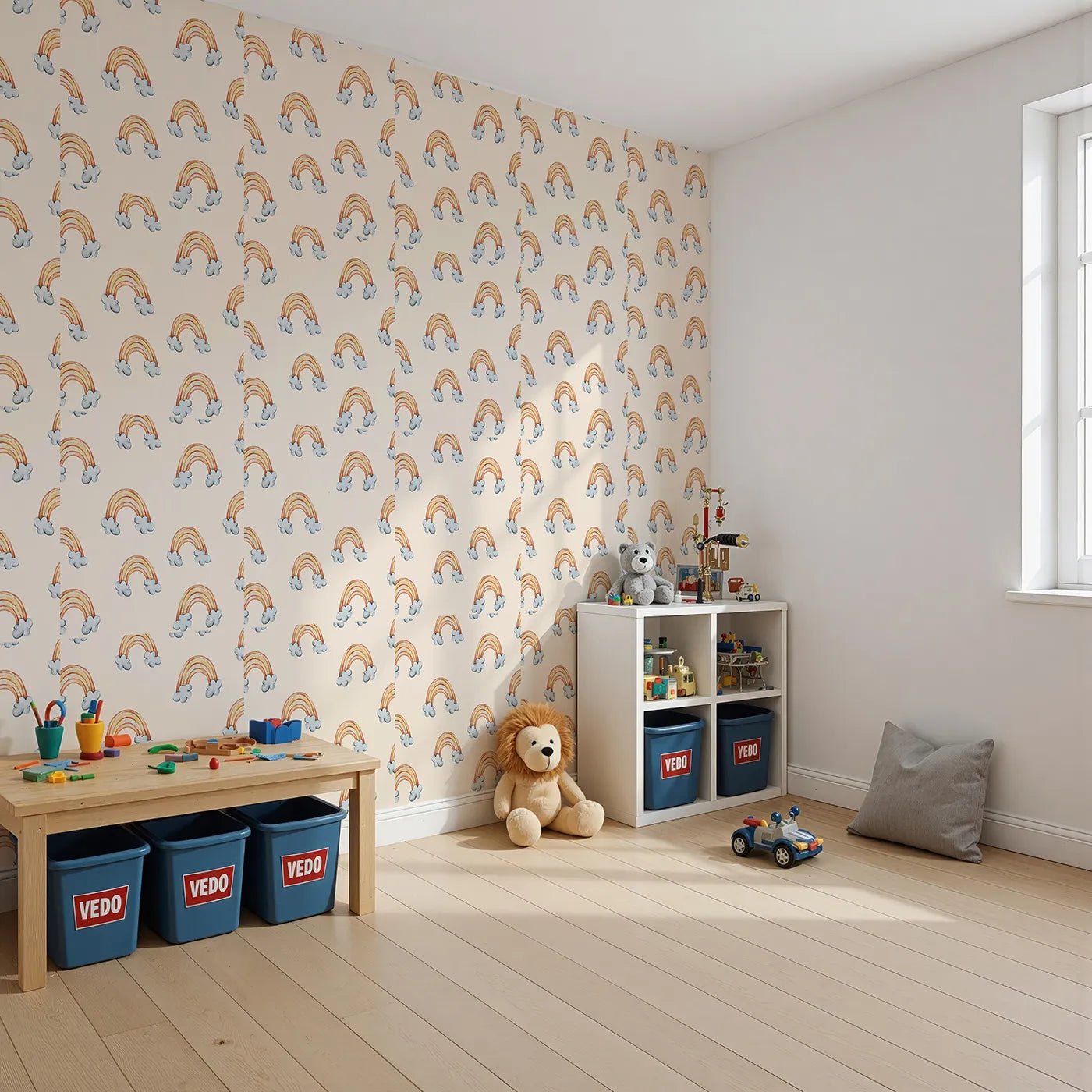 Angled view of Whimsy Tots' Sunset Rainbows Wallpaper in Beige (W3324C).Golden rainbows arc across a warm beige sky with cozy clouds.