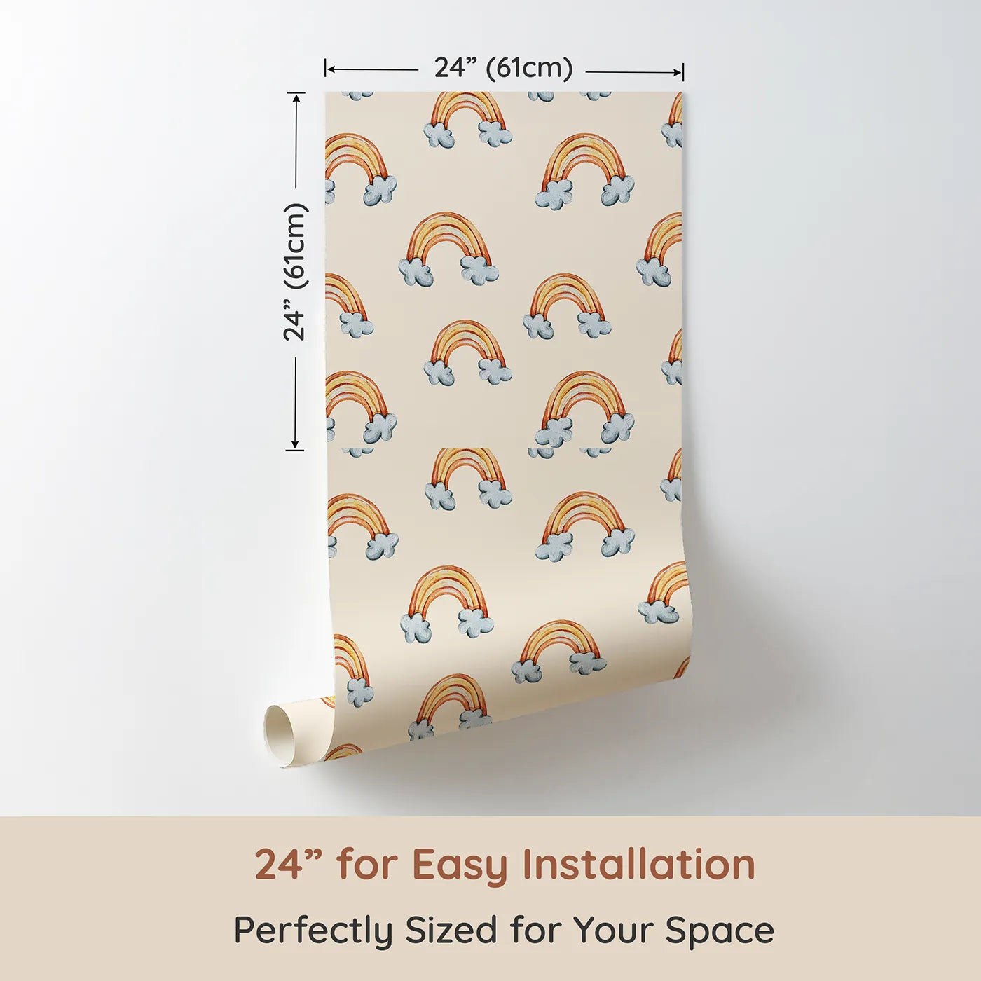 Dimension view of Whimsy Tots Sunset Rainbows Wallpaper in Beige (W3324C). Printed in 24-inch-wide panel for easy installation. Golden rainbows arc across a warm beige sky with cozy clouds.