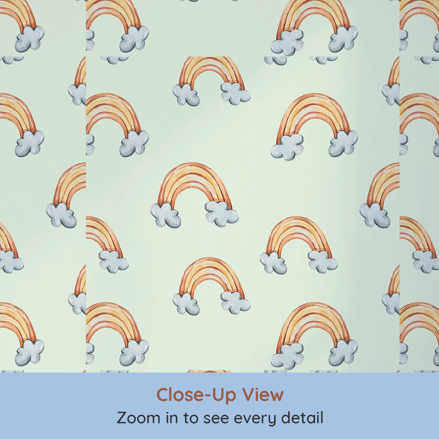 Close-up view of Whimsy Tots' Sunset Rainbows Wallpaper in Green (W3324D).Soft rainbows arc through mint green skies, spreading cheerful calm.
