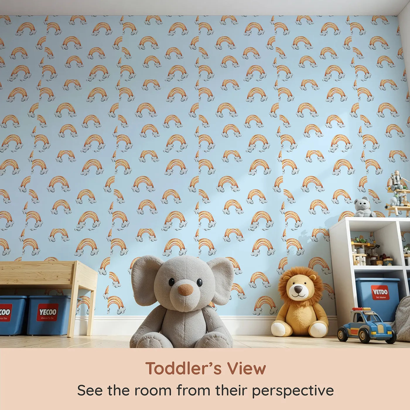 Whimsy Tots Sunset Rainbows Wallpaper in Blue (W3324E) from your child's view.Sunset-colored rainbows stretch across a peaceful blue sky.