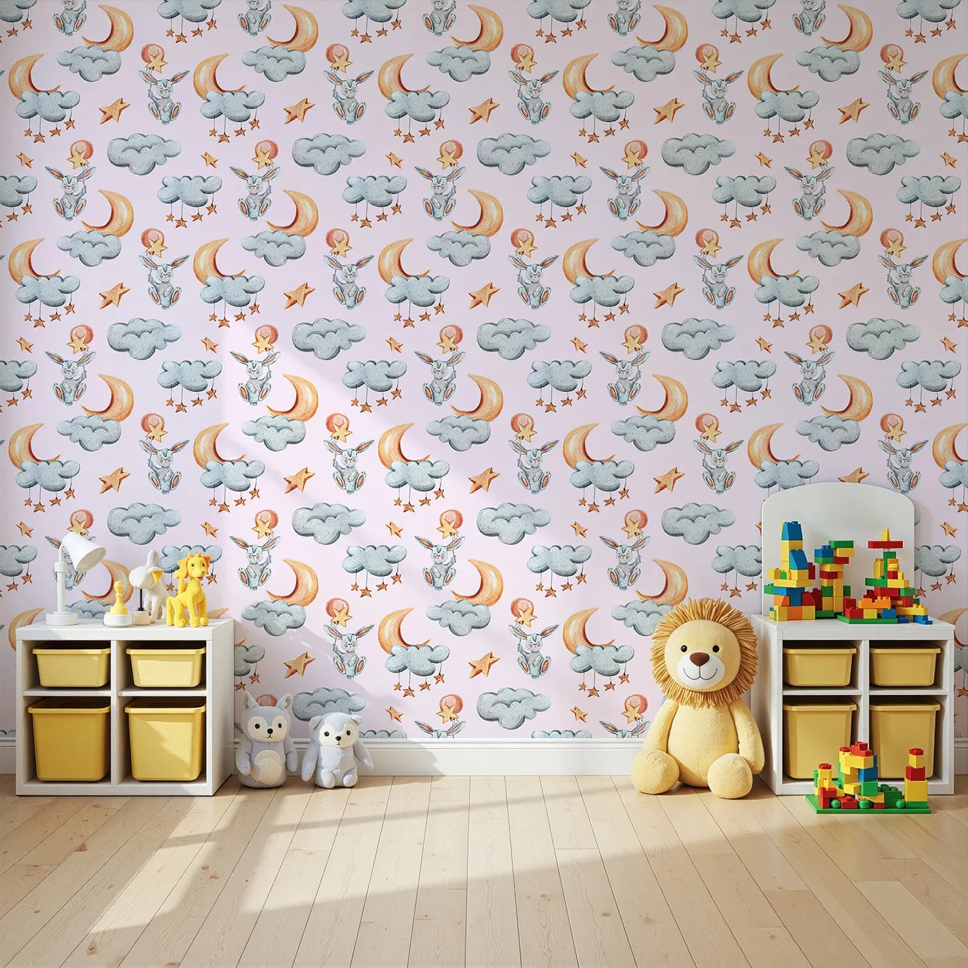 Angled view of Whimsy Tots' Moonlight Bunny Dreams Wallpaper in Pink (W3325B).Floating bunnies drift through pink skies on clouds and stars.