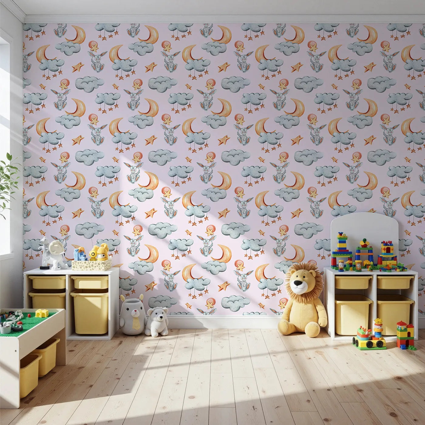Front view of Whimsy Tots' Moonlight Bunny Dreams Wallpaper in Pink