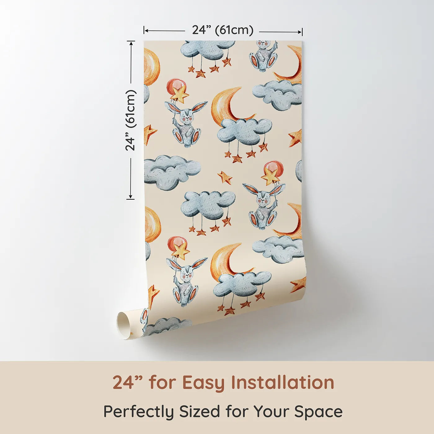 Dimension view of Whimsy Tots Moonlight Bunny Dreams Wallpaper in Beige (W3325C). Printed in 24-inch-wide panel for easy installation. Bunnies float gently through beige skies with moons, clouds, and stars.