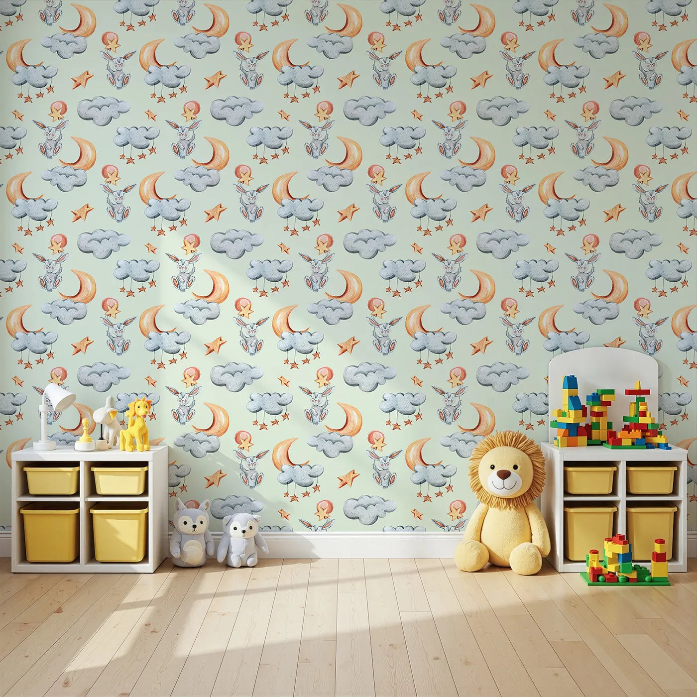 Angled view of Whimsy Tots' Moonlight Bunny Dreams Wallpaper in Green (W3325D).Floating bunnies drift through mint skies with stars and sleepy moons.
