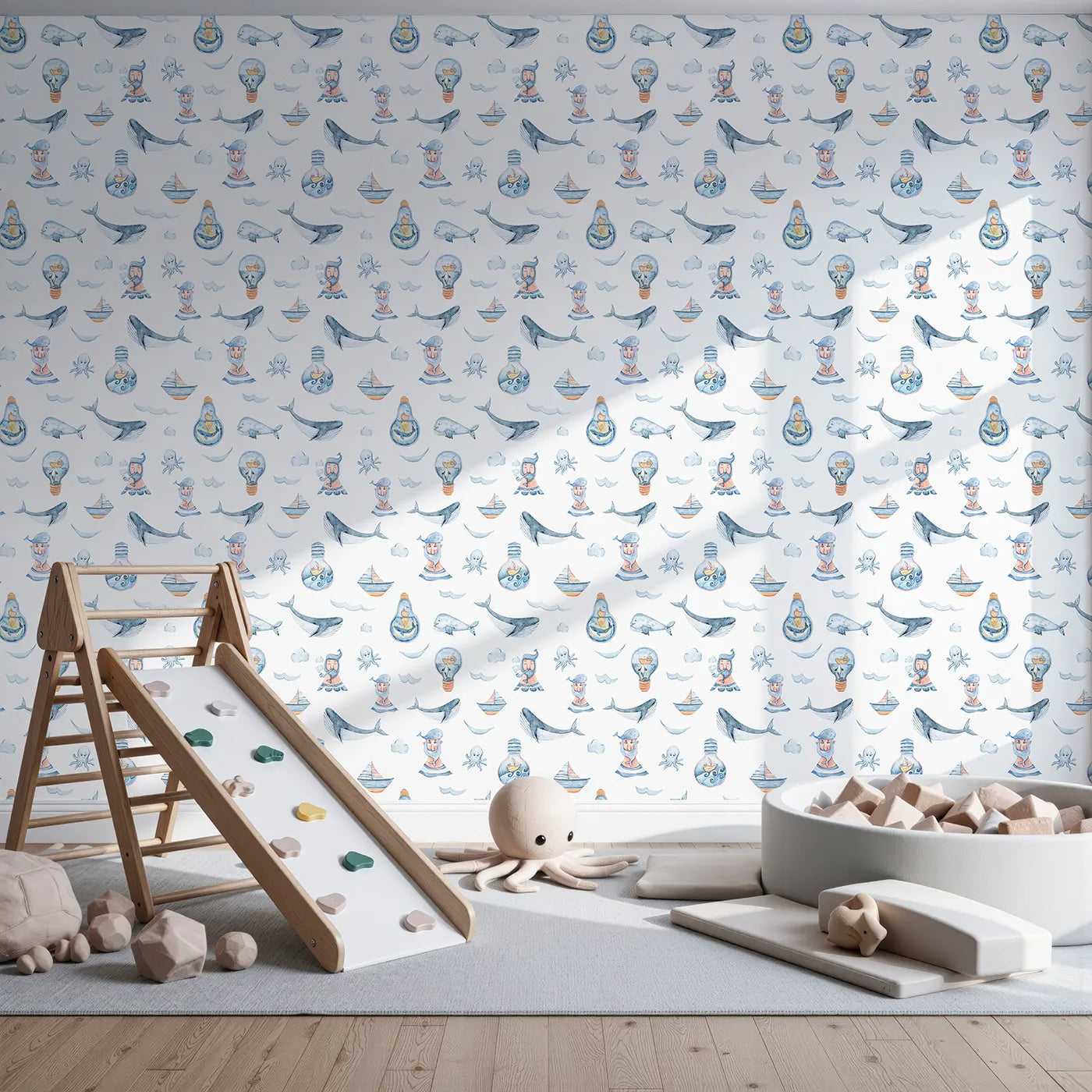 Front view of Whimsy Tots' Maritime Whimsy Wallpaper in White