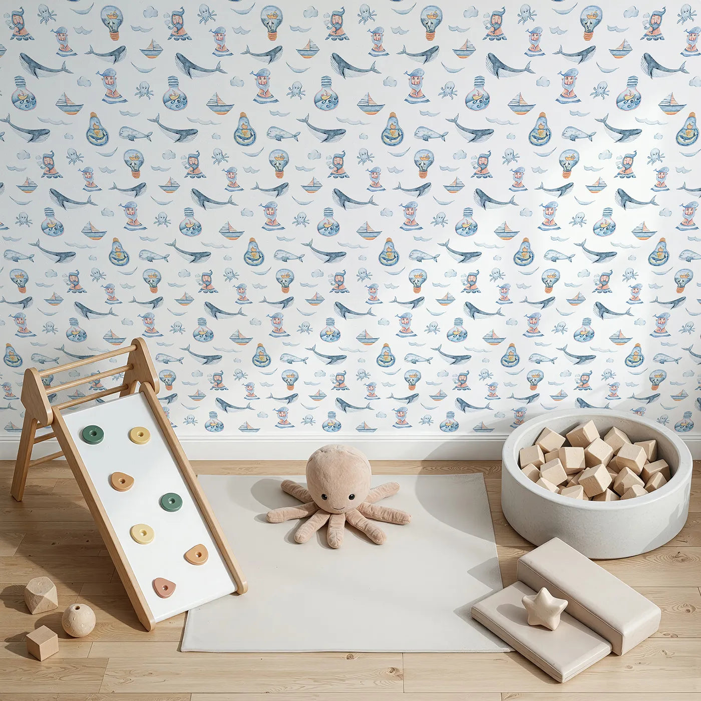 Top-Down view of Whimsy Tots' Maritime Whimsy Wallpaper in White (W3326A).Whales, sailors, and boats float across a sea of imagination.