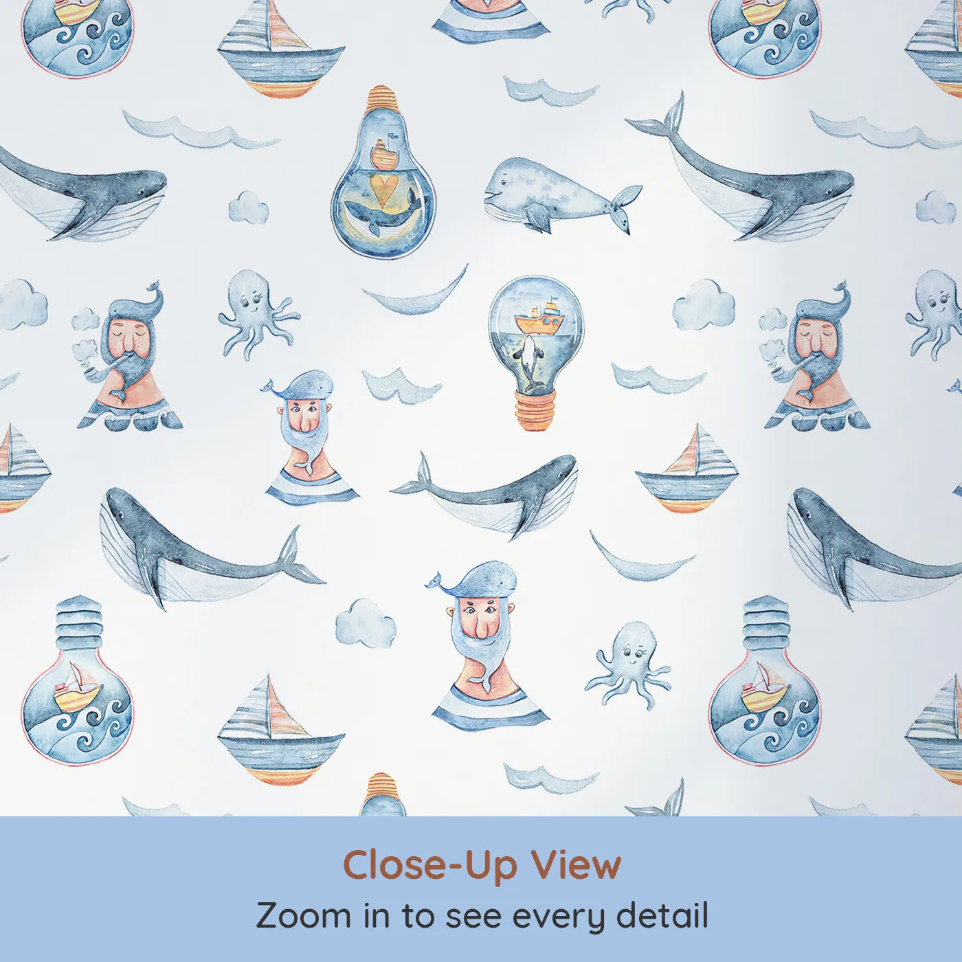 Close-up view of Whimsy Tots' Maritime Whimsy Wallpaper in White (W3326A).Whales, sailors, and boats float across a sea of imagination.