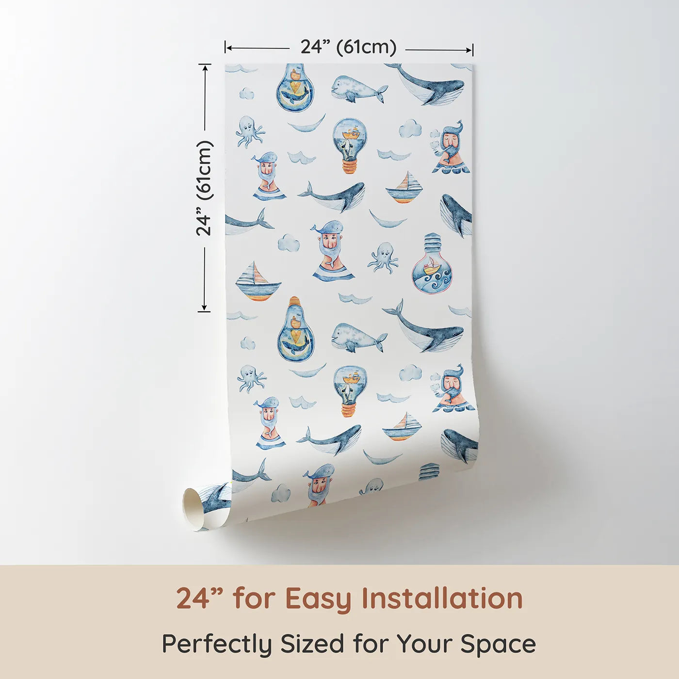 Dimension view of Whimsy Tots Maritime Whimsy Wallpaper in White (W3326A). Printed in 24-inch-wide panel for easy installation. Whales, sailors, and boats float across a sea of imagination.