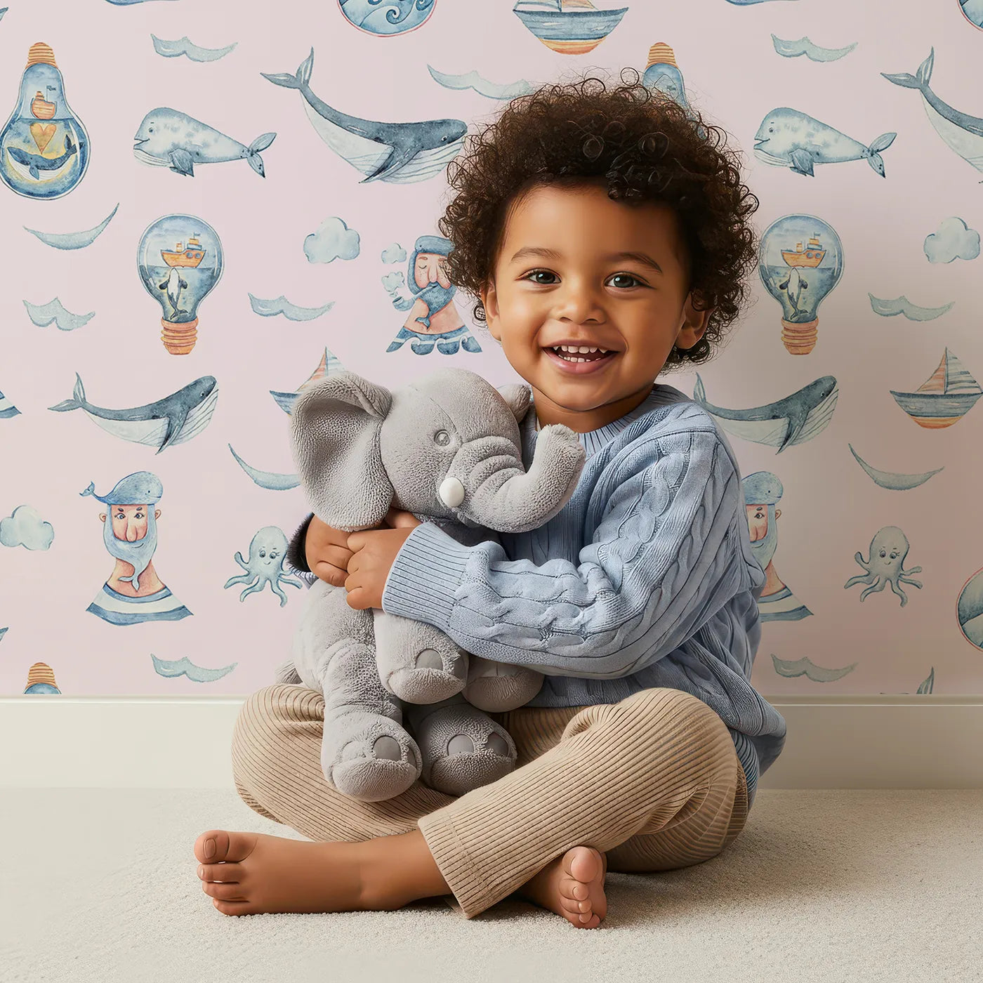 Lovely child standing in front of Whimsy Tots Maritime Whimsy Wallpaper in Blush Pink with whale, octopus, boat, sailor, cloud, bulb, bottle in design.