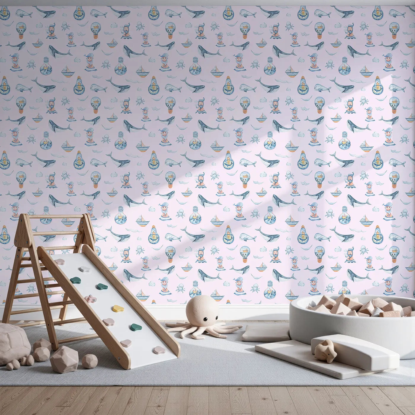 Front view of Whimsy Tots' Maritime Whimsy Wallpaper in Blush Pink