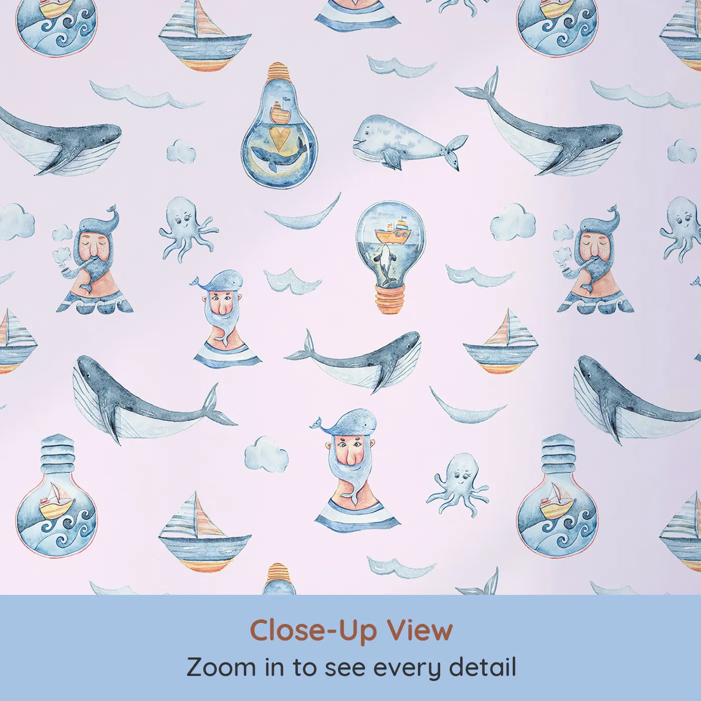 Close-up view of Whimsy Tots' Maritime Whimsy Wallpaper in Blush Pink (W3326B).Smiling whales and quirky captains float on soft pink seas.