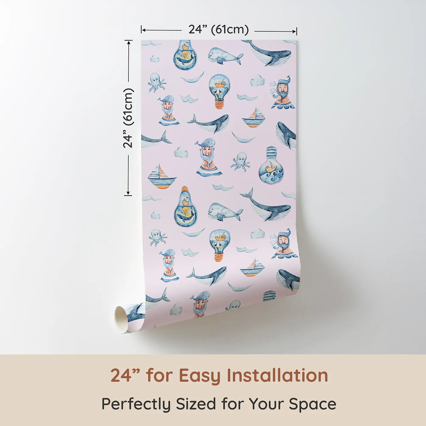 Dimension view of Whimsy Tots Maritime Whimsy Wallpaper in Blush Pink (W3326B). Printed in 24-inch-wide panel for easy installation. Smiling whales and quirky captains float on soft pink seas.