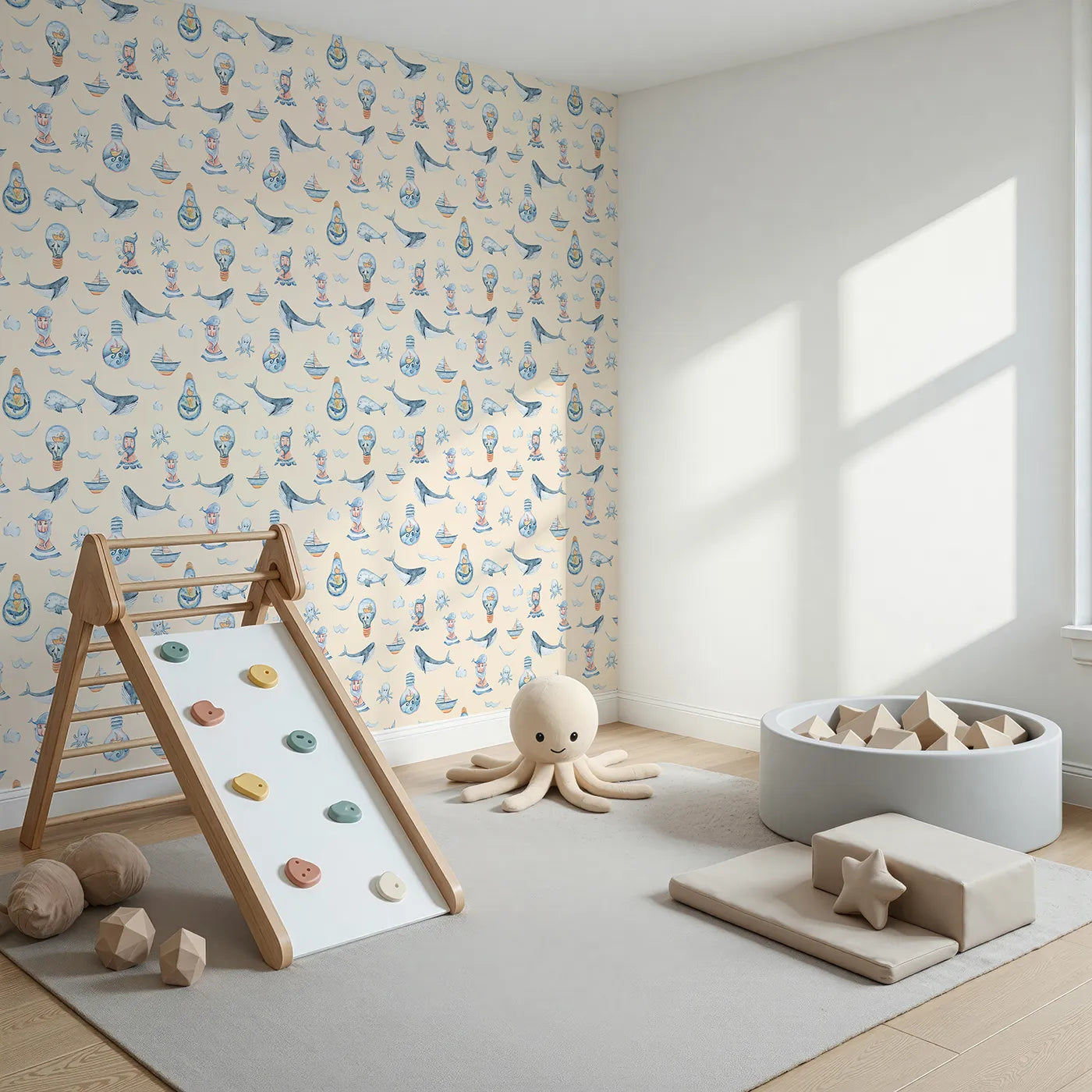 Angled view of Whimsy Tots' Maritime Whimsy Wallpaper in Cream (W3326C).Whimsical whales and ships float on a cozy cream sea.