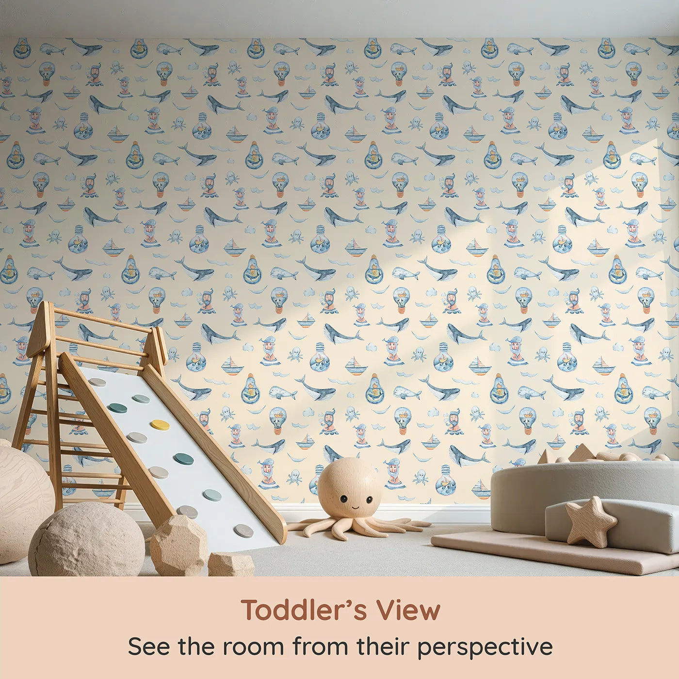 Whimsy Tots Maritime Whimsy Wallpaper in Cream (W3326C) from your child's view.Whimsical whales and ships float on a cozy cream sea.