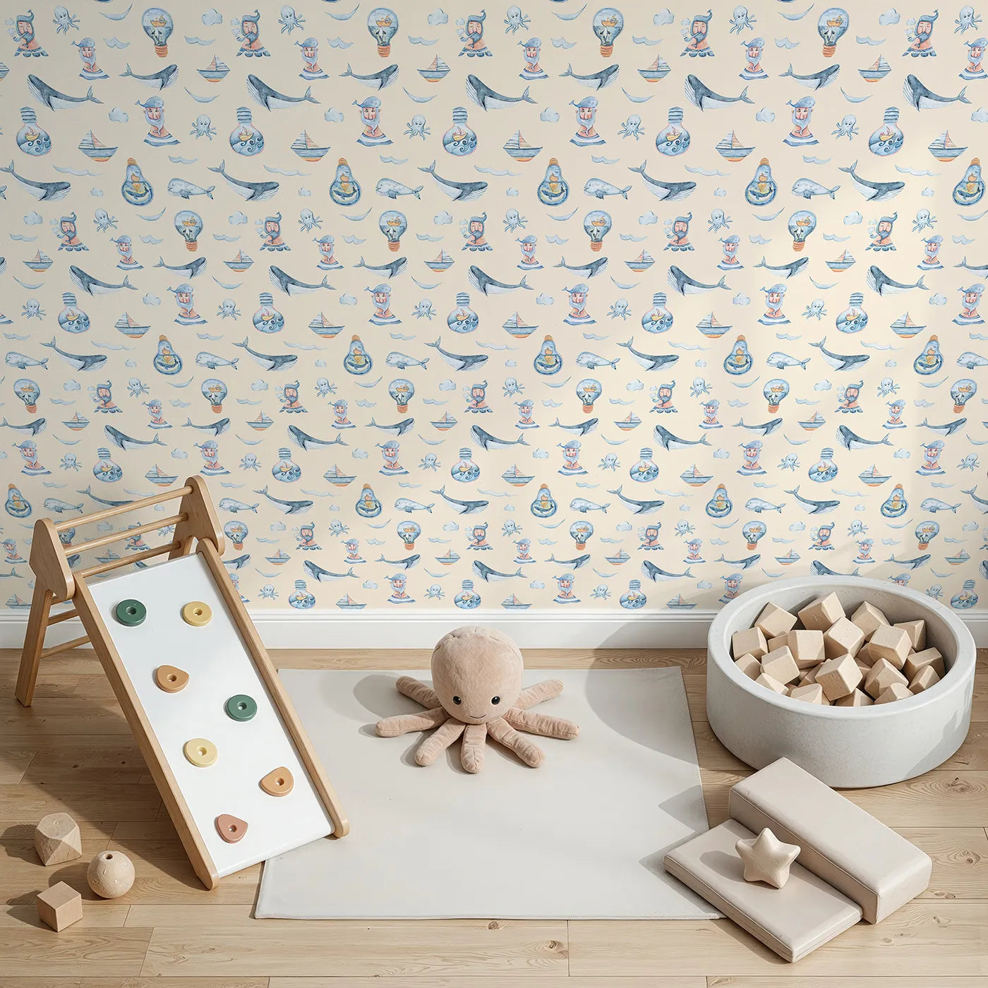 Top-Down view of Whimsy Tots' Maritime Whimsy Wallpaper in Cream (W3326C).Whimsical whales and ships float on a cozy cream sea.