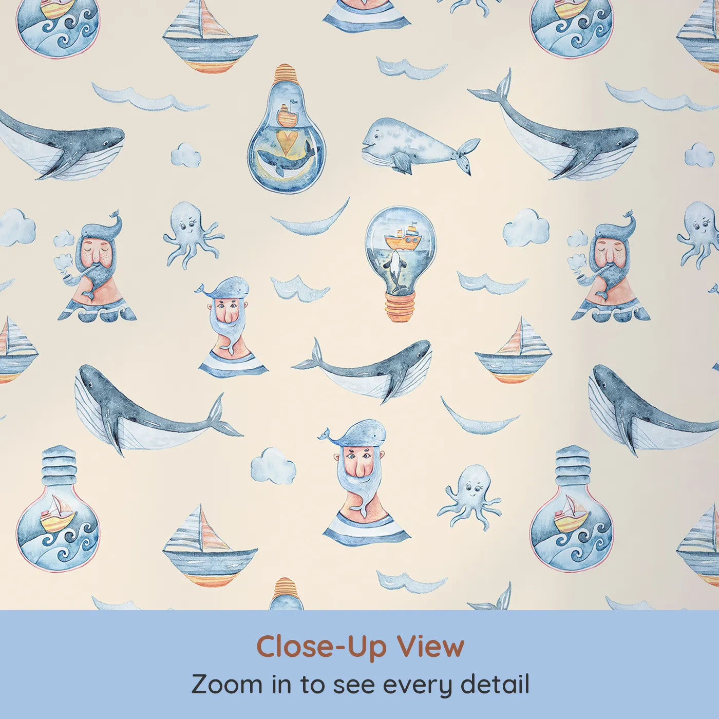 Close-up view of Whimsy Tots' Maritime Whimsy Wallpaper in Cream (W3326C).Whimsical whales and ships float on a cozy cream sea.