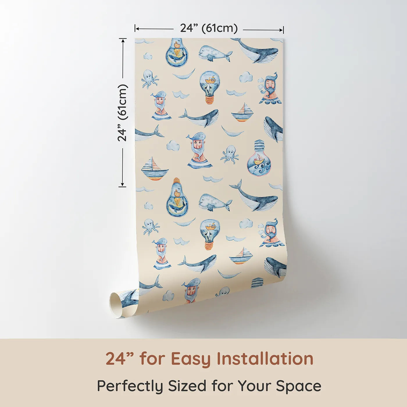 Dimension view of Whimsy Tots Maritime Whimsy Wallpaper in Cream (W3326C). Printed in 24-inch-wide panel for easy installation. Whimsical whales and ships float on a cozy cream sea.