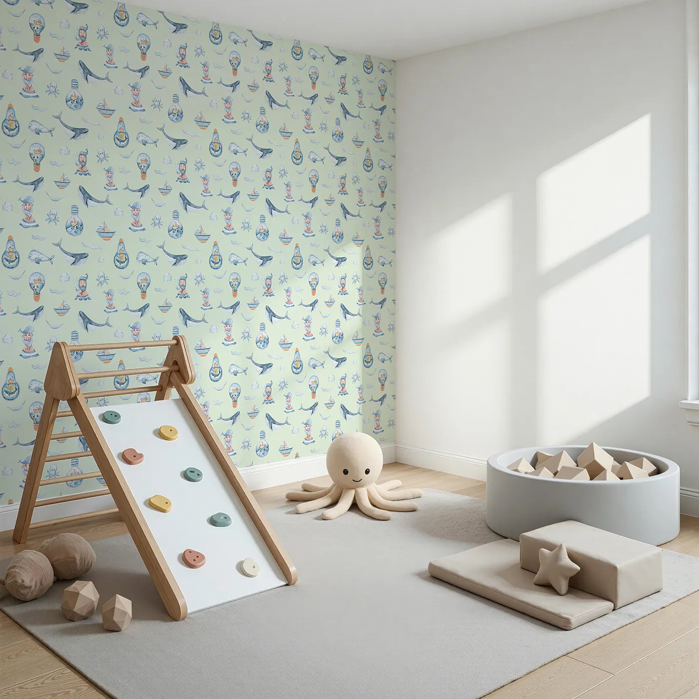 Angled view of Whimsy Tots' Maritime Whimsy Wallpaper in Mint Green (W3326D).Friendly sea creatures and dreamy ships sail across a fresh mint sea.